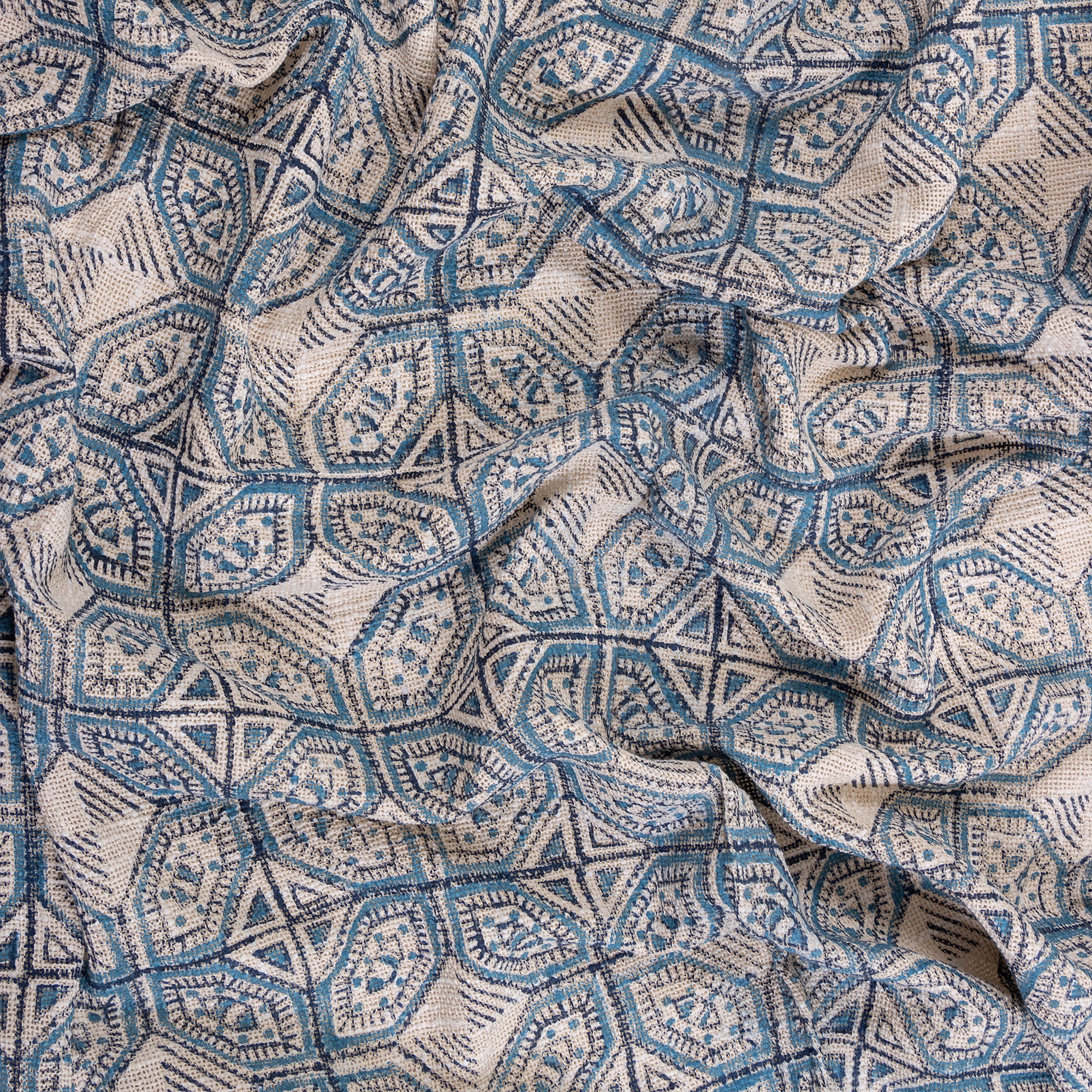 Geometrical Blue Hand Printed Pure Cotton Throw Blankets for Sofa