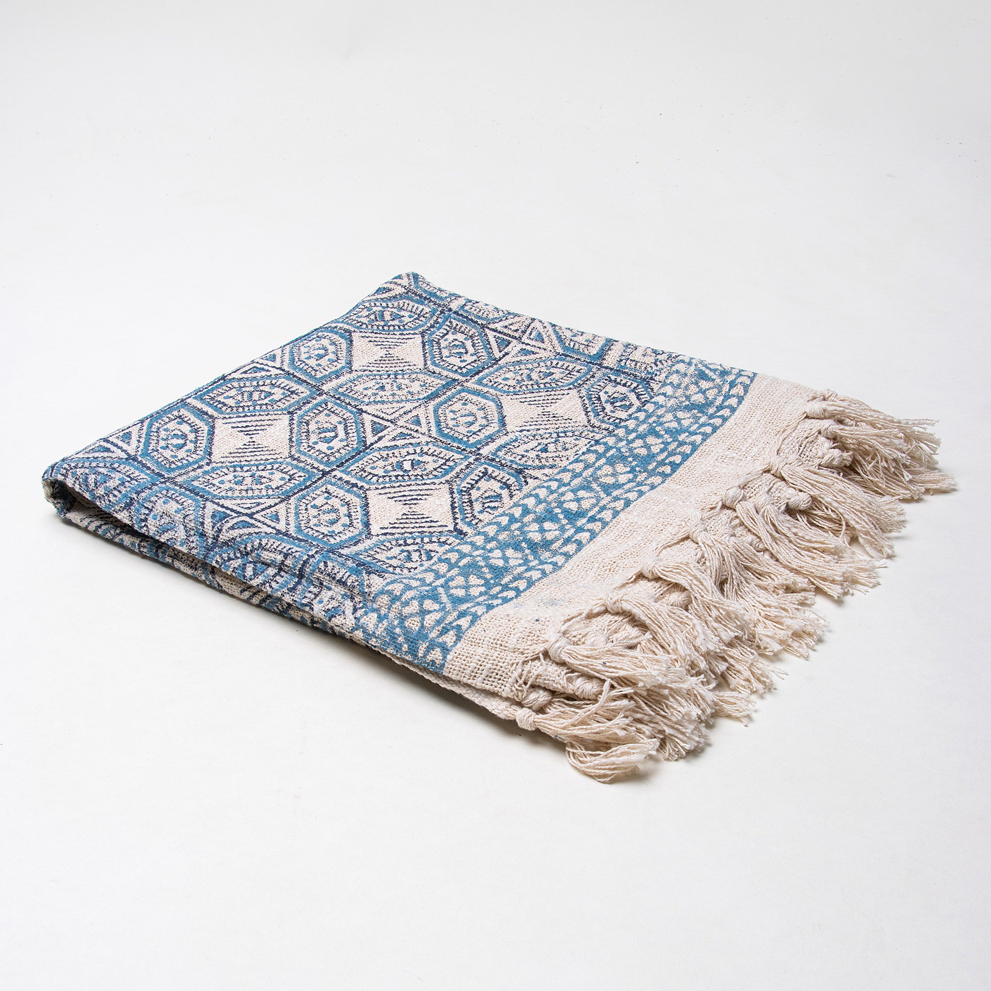 Geometrical Blue Hand Printed Pure Cotton Throw Blankets for Sofa