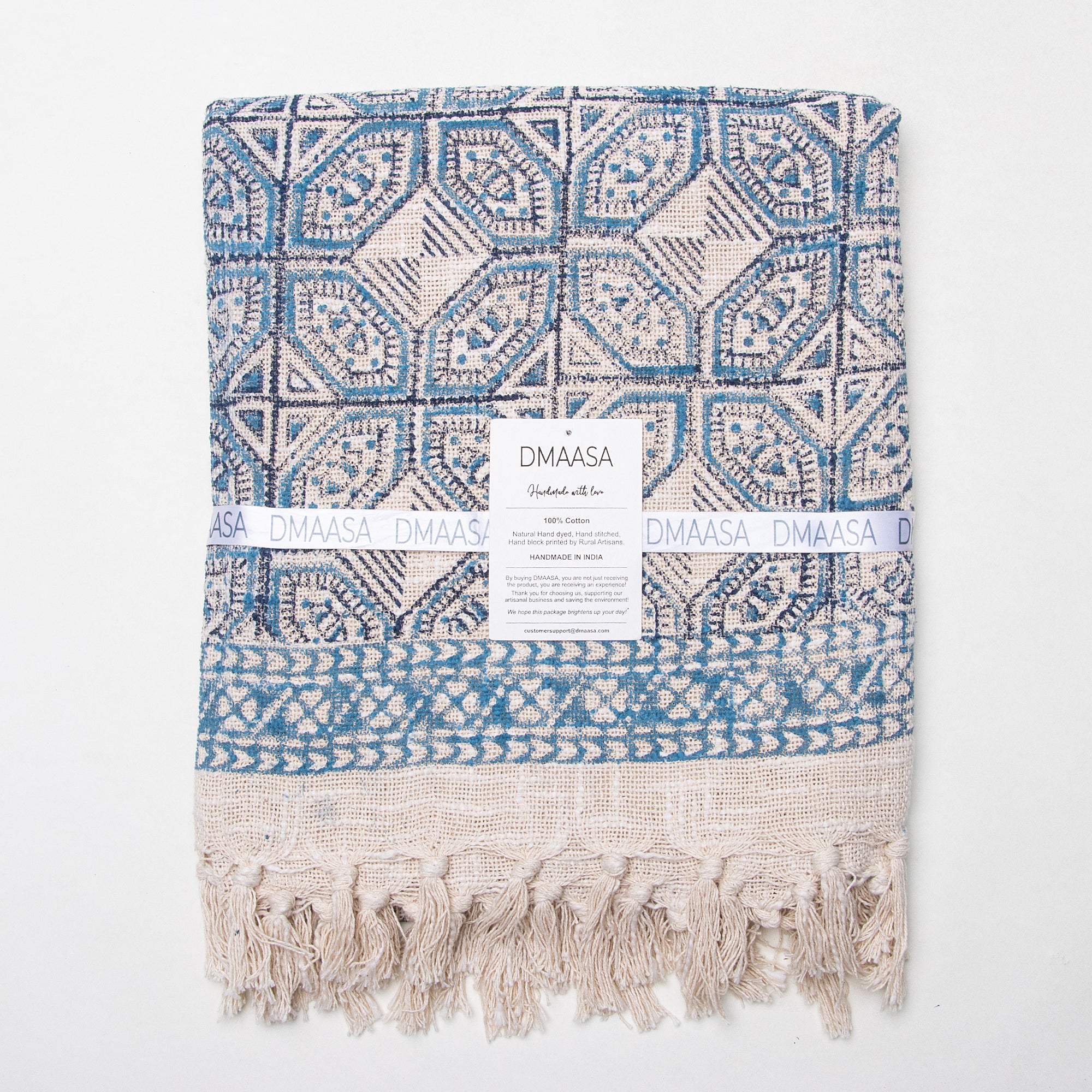 Geometrical Blue Hand Printed Pure Cotton Throw Blankets for Sofa