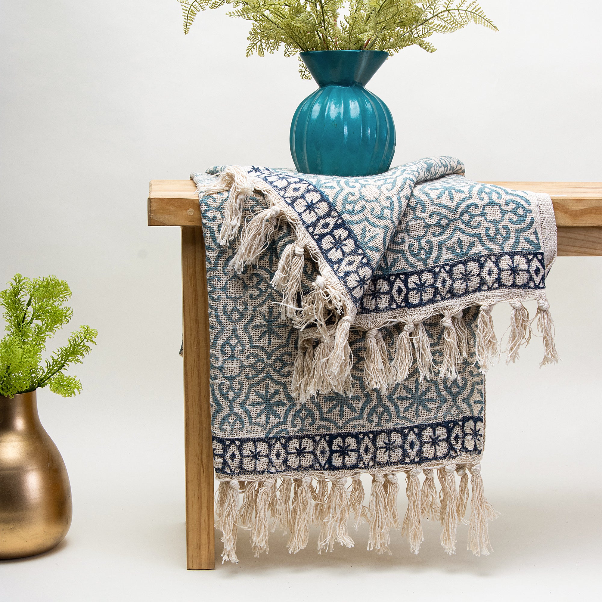 Indian Handmade Block Printed Blue Floral Pure Cotton Throw Blanket