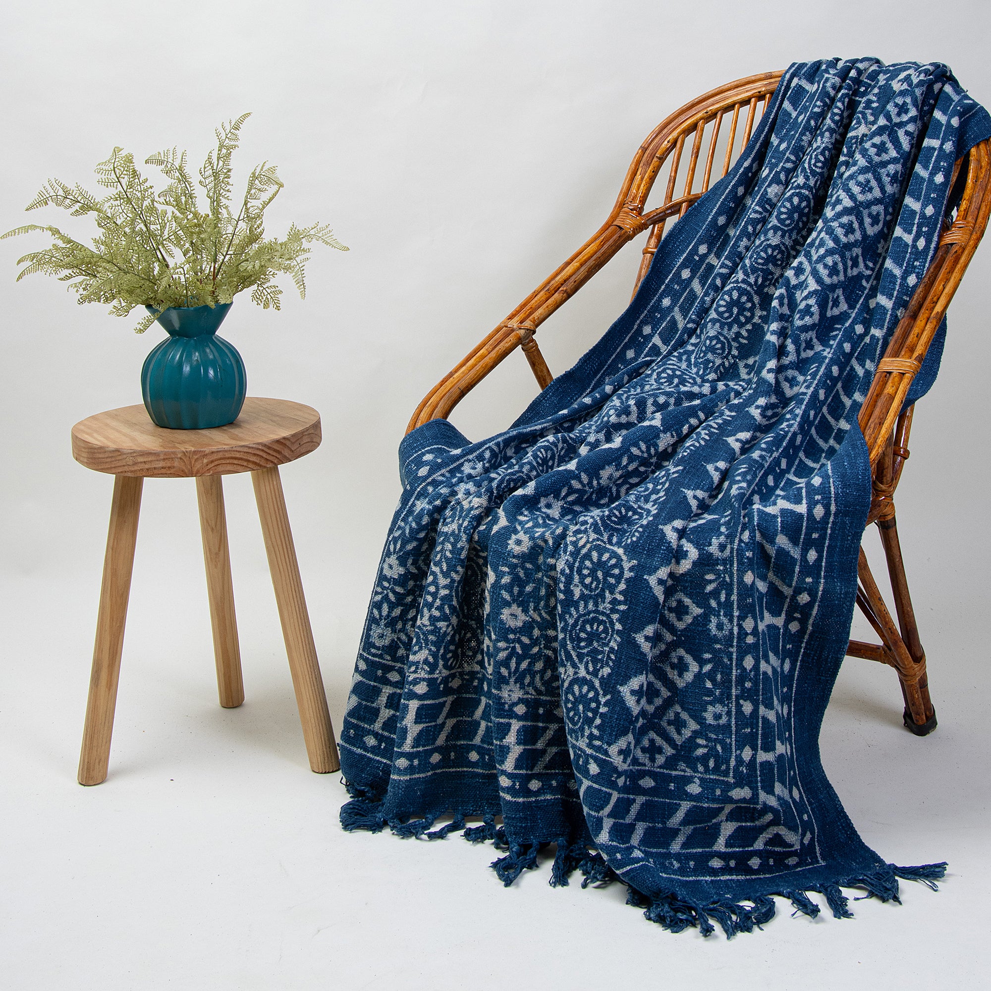 Stylish Handmade Block Printed Blue Throw Blanket for Porch
