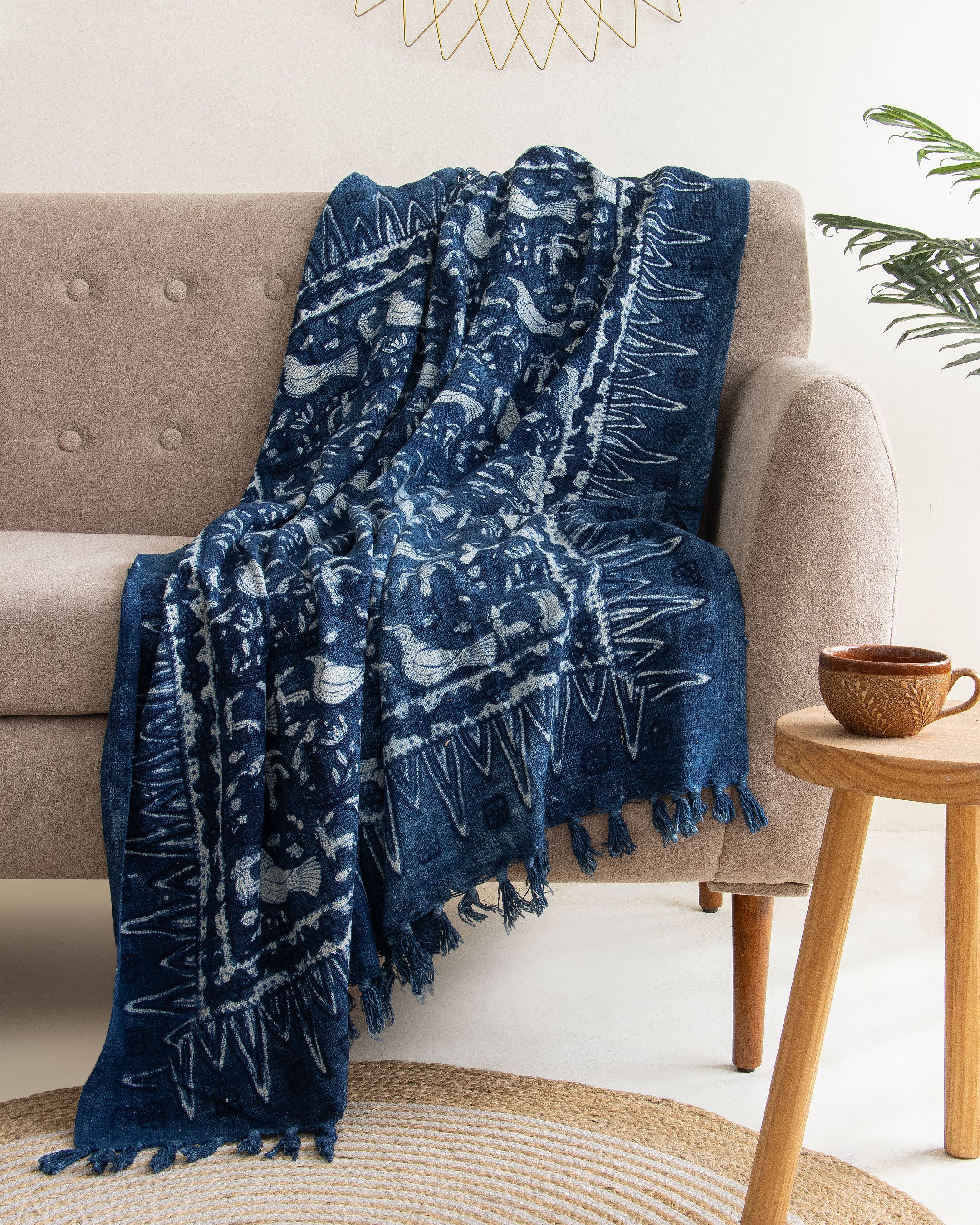 Home Decor Hand Block Bird Neutral Throw Blanket