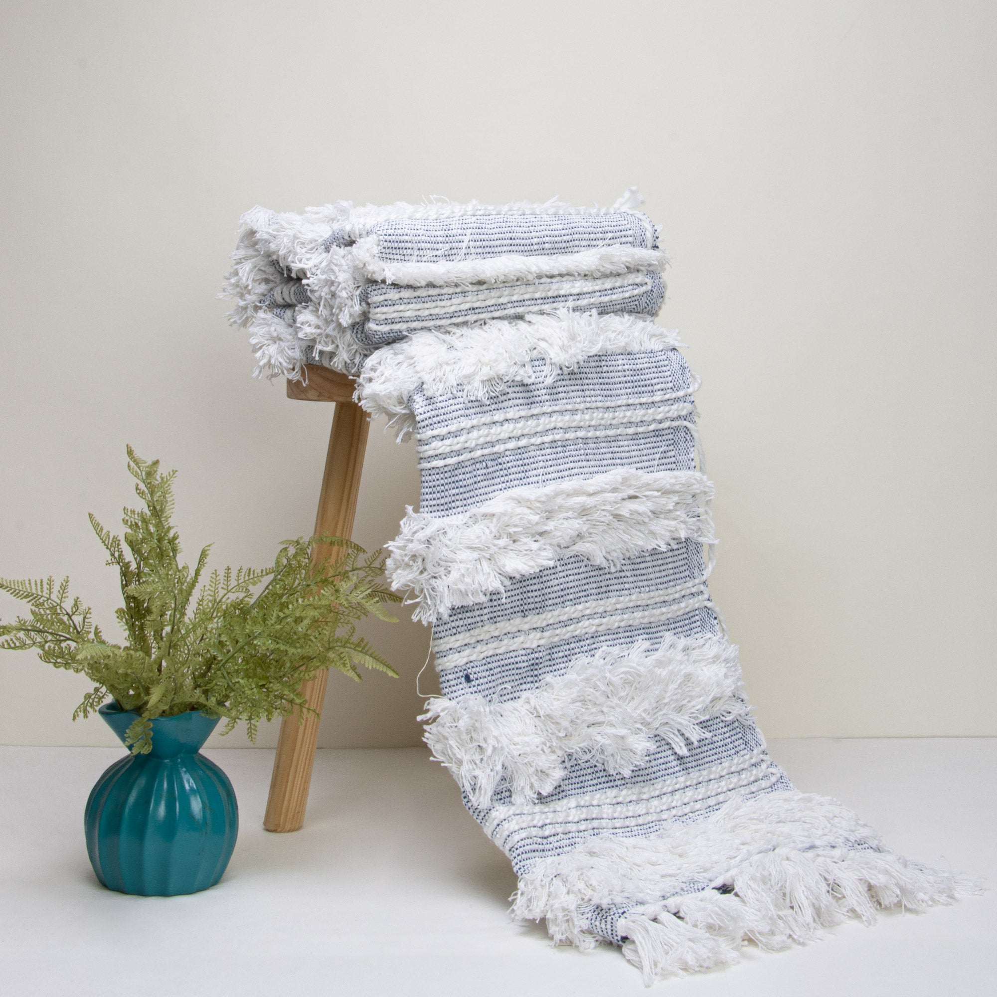 Indian Blue Handcrafted Woven Cotton Throw Blanket for Armchairs