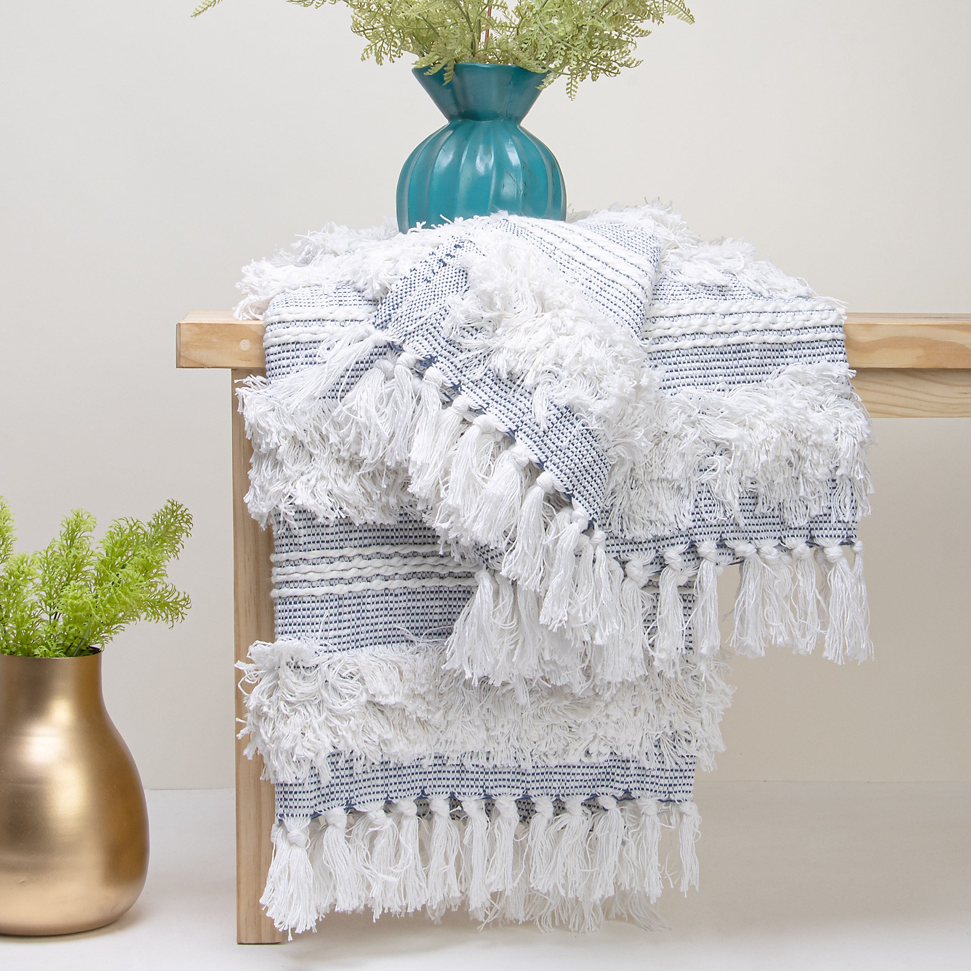 Indian Blue Handcrafted Woven Cotton Throw Blanket for Armchairs