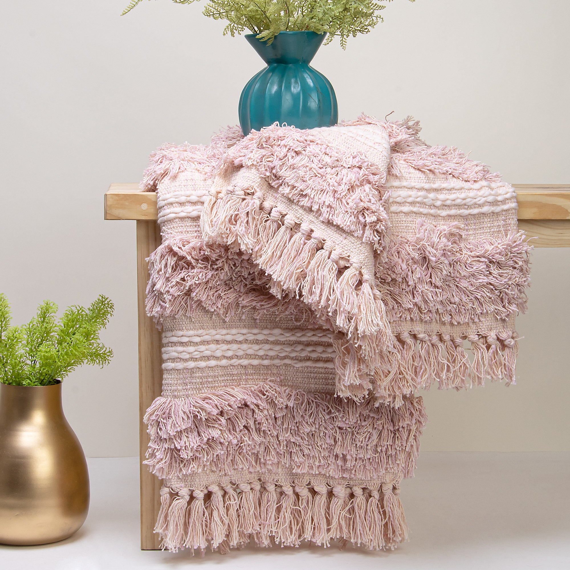 Organic Handcrafted Light Pink Pure Cotton Woven Throw Blankets for Couch