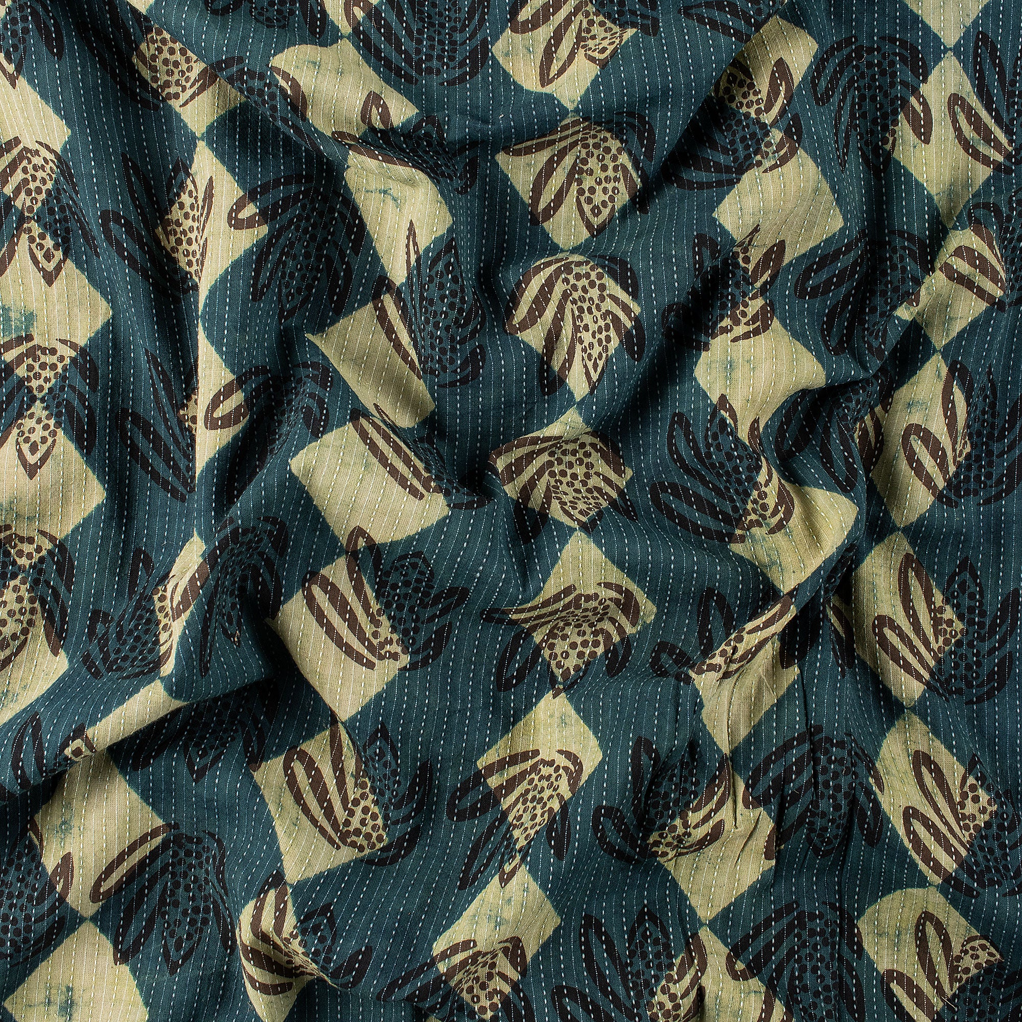 Green Hand Block Printed Cotton Kantha Fabric by Yard