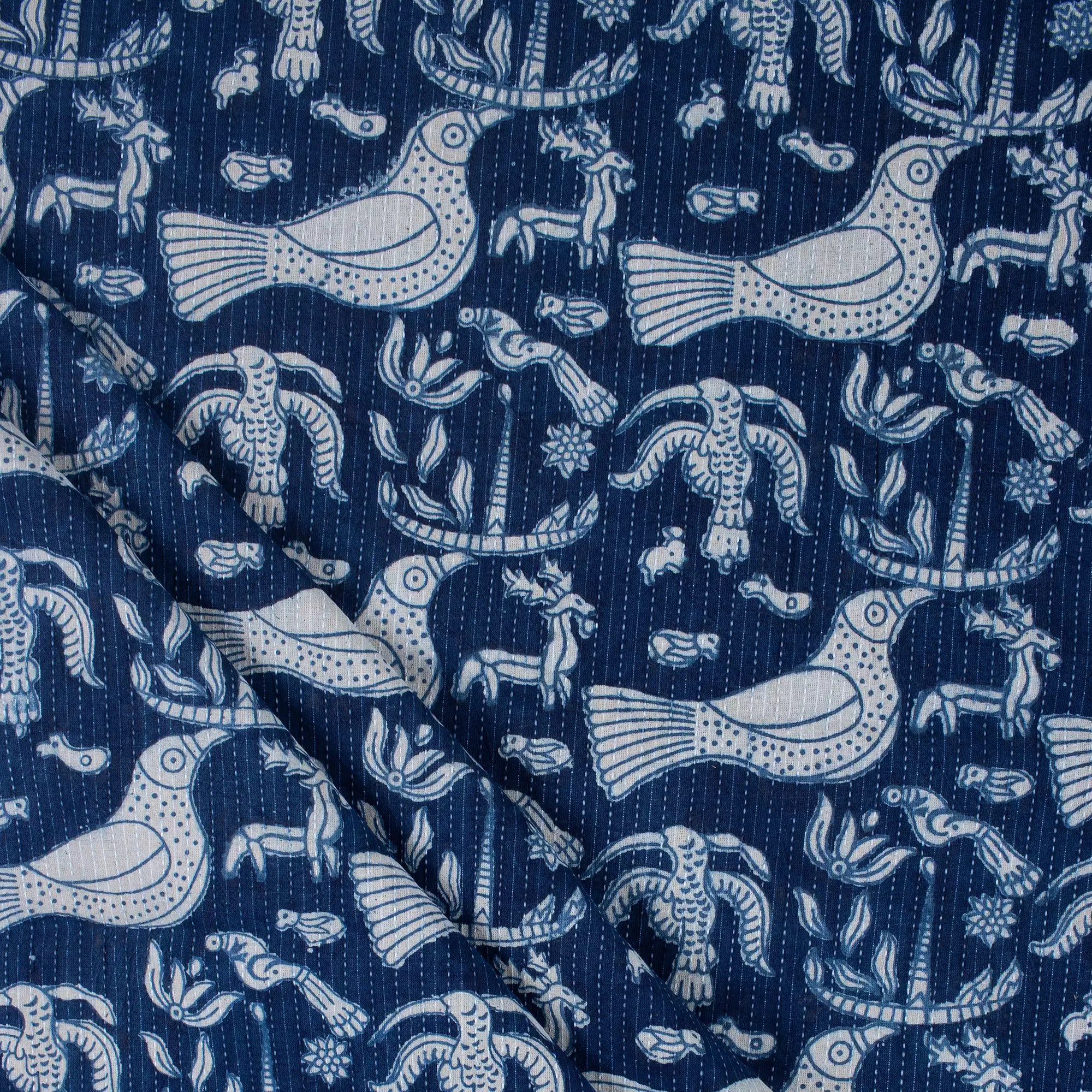 Bird Print Indigo Kantha Fabric for Blanket & Home Decor