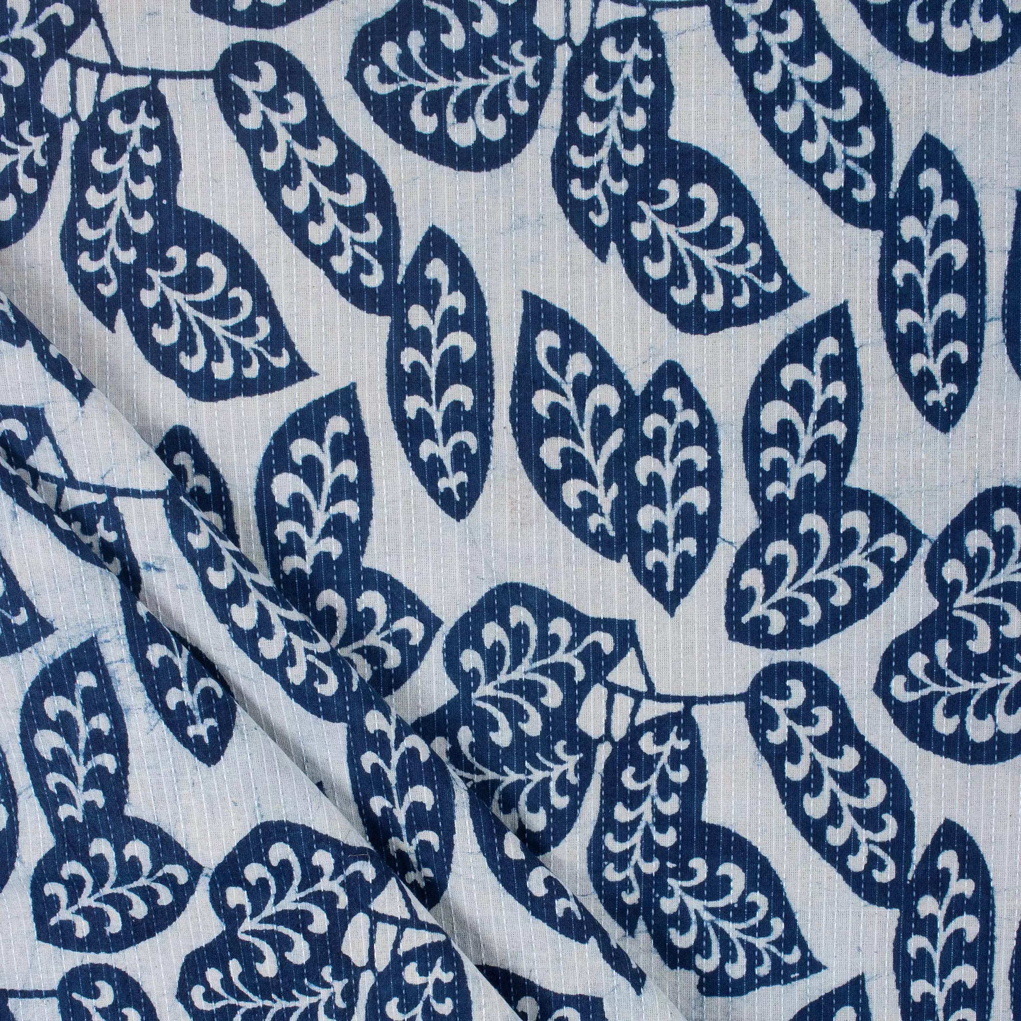 Indigo Hand Block Printed Cotton Kantha Fabric by the Yard