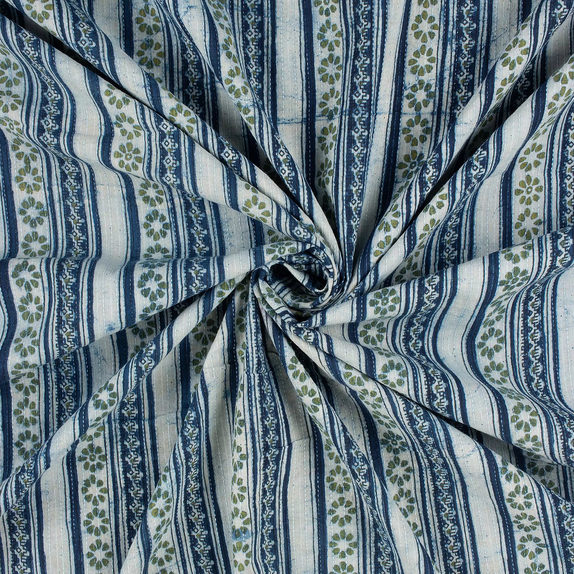 Indigo Block Printed Cotton Kantha Fabric