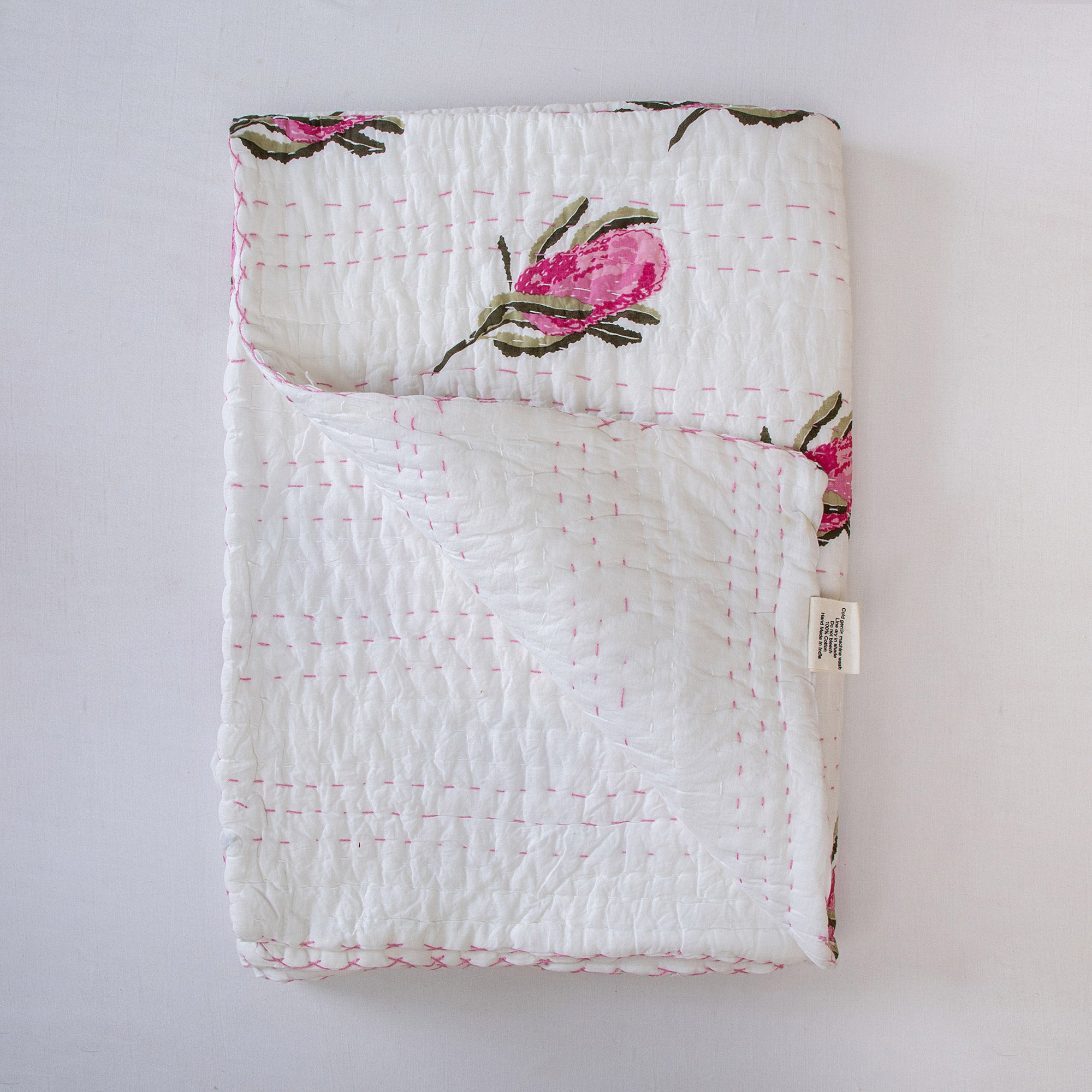Pink Rose Design Soft Mulmul Cotton Kantha Baby Quilt