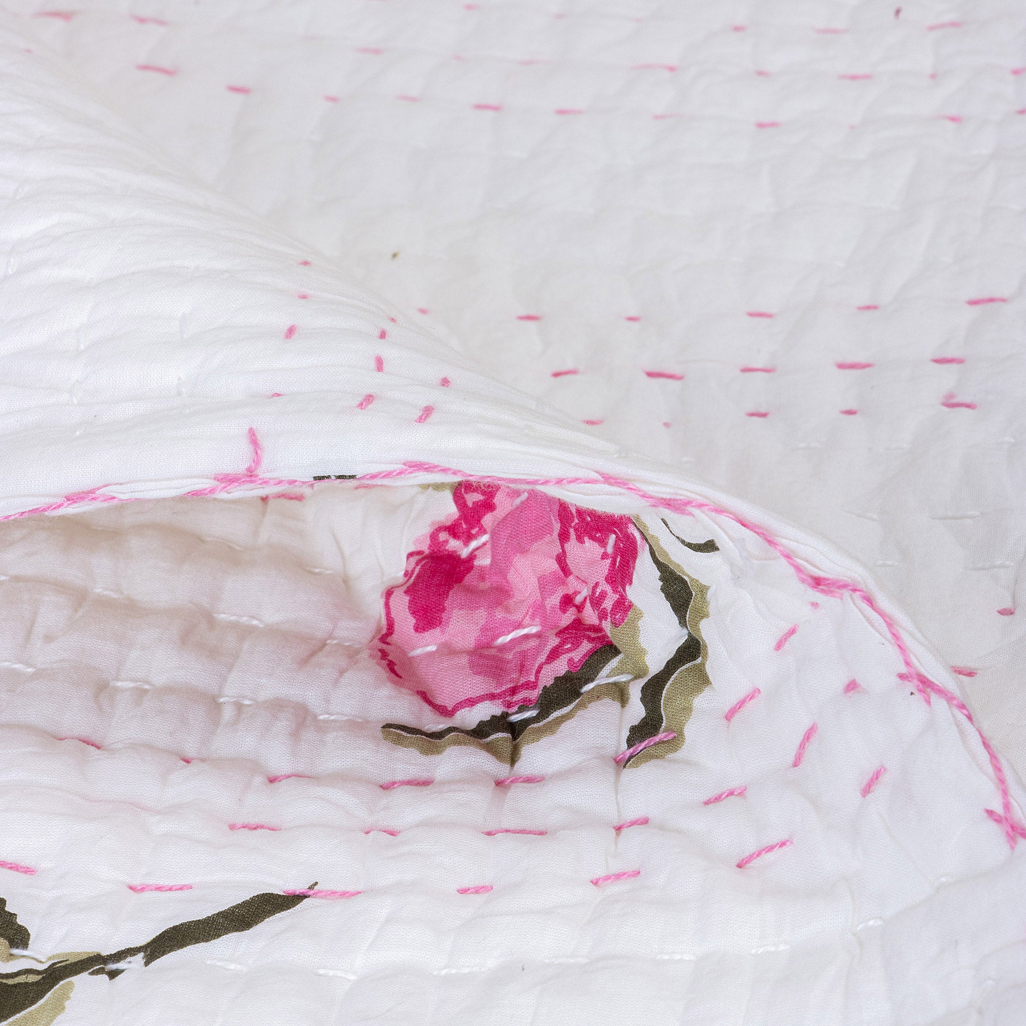 Pink Rose Design Soft Mulmul Cotton Kantha Baby Quilt