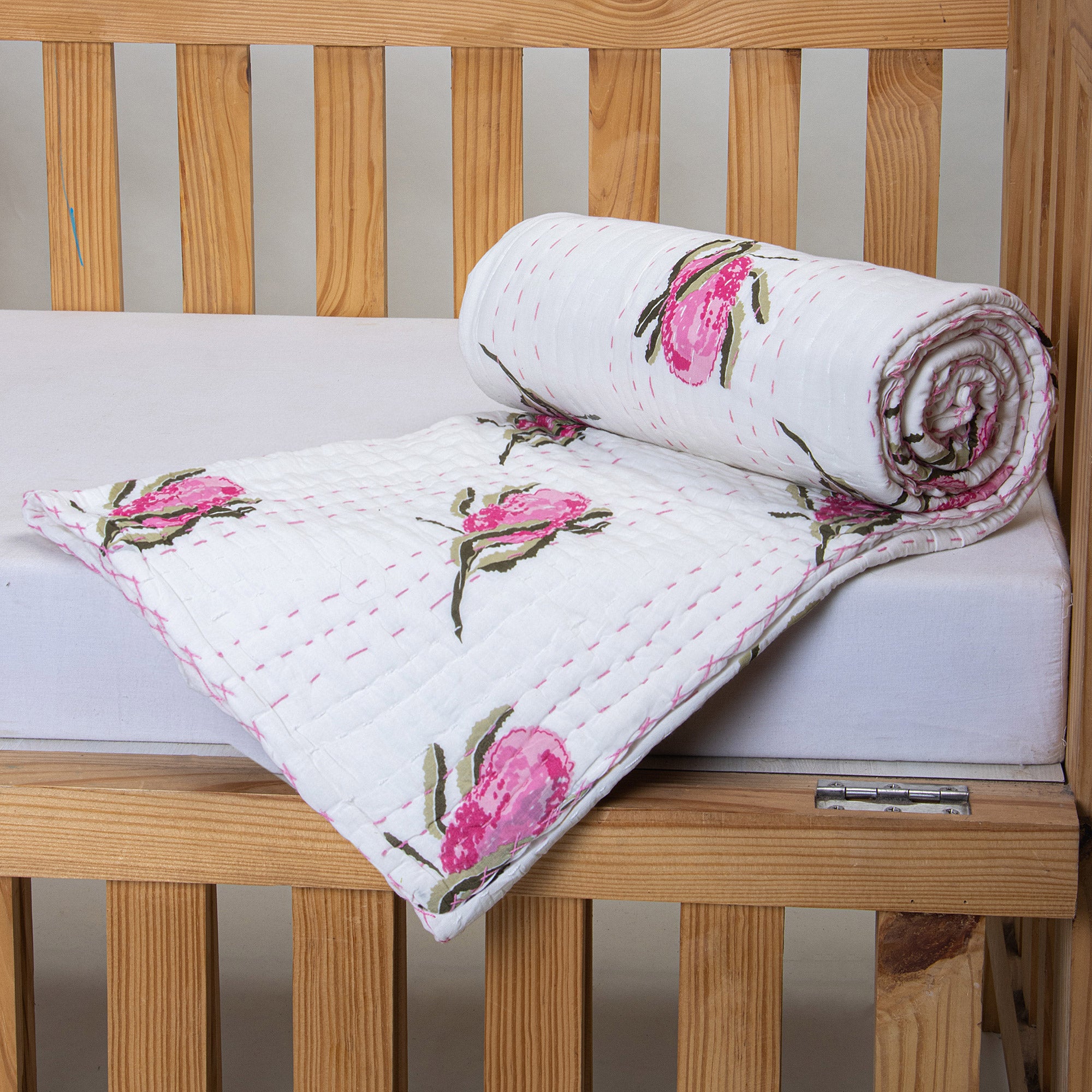 Pink Rose Design Soft Mulmul Cotton Kantha Baby Quilt