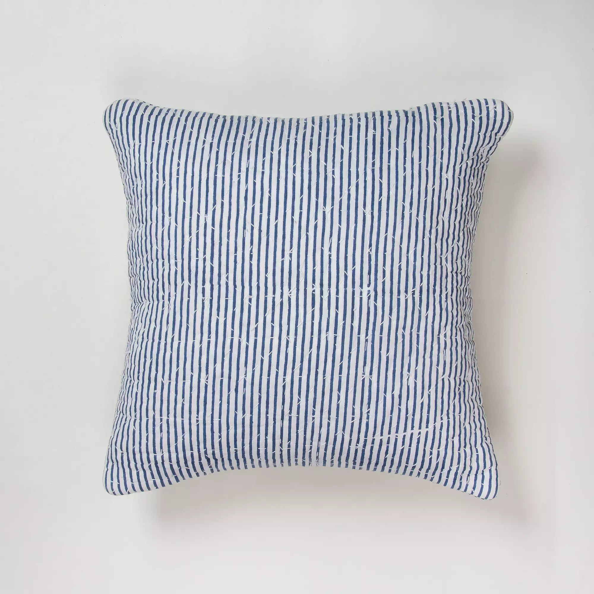 Blue Stripe Kantha Stitched Cotton Cushion Cover