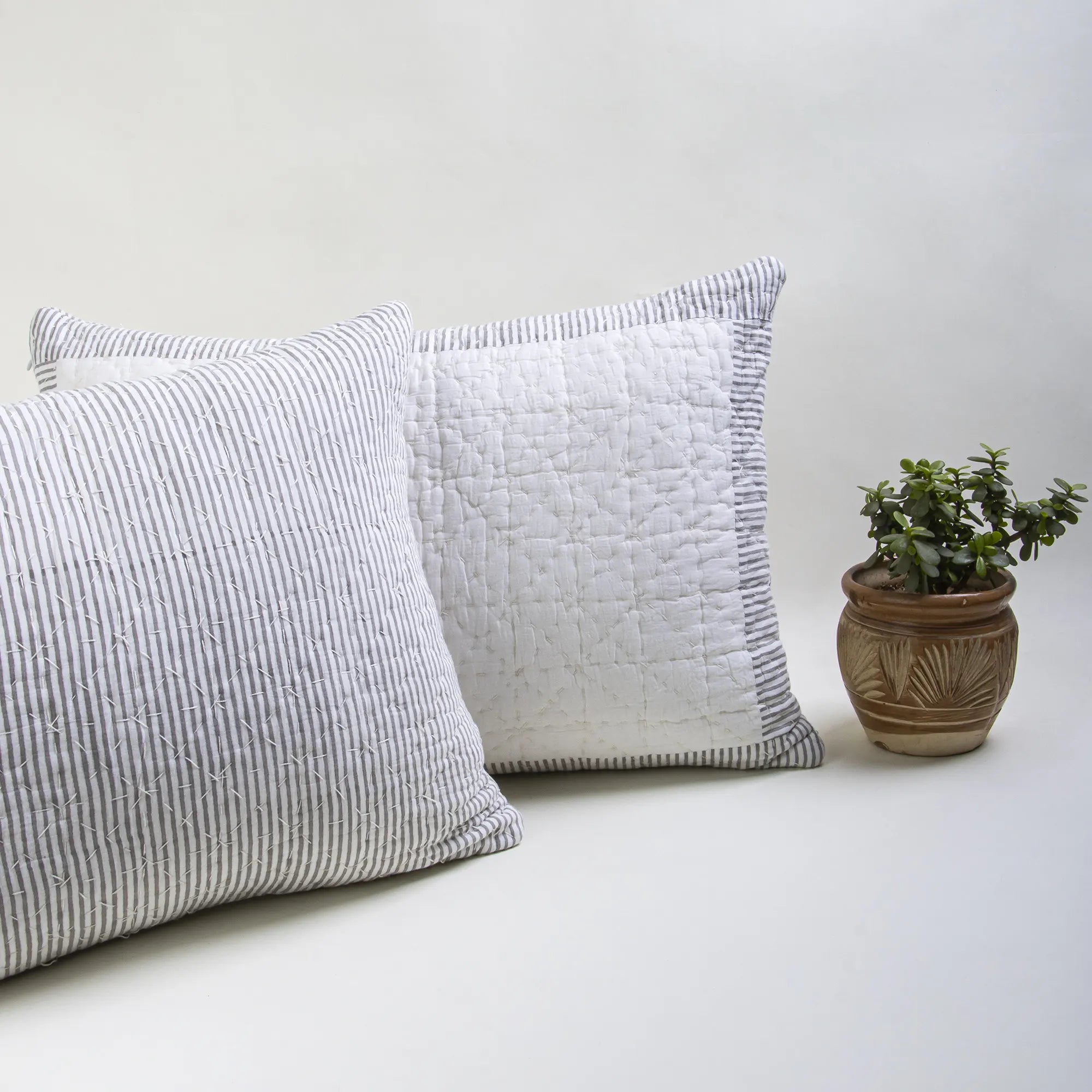 Cotton Kantha Quilted Pillow Cover with hand block print stripe edges