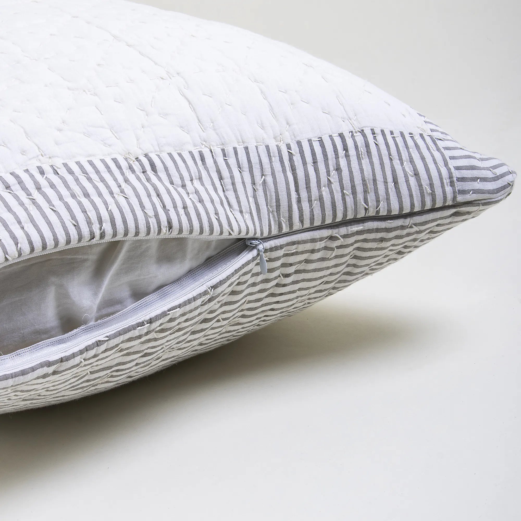 Cotton Kantha Quilted Pillow Cover with hand block print stripe edges