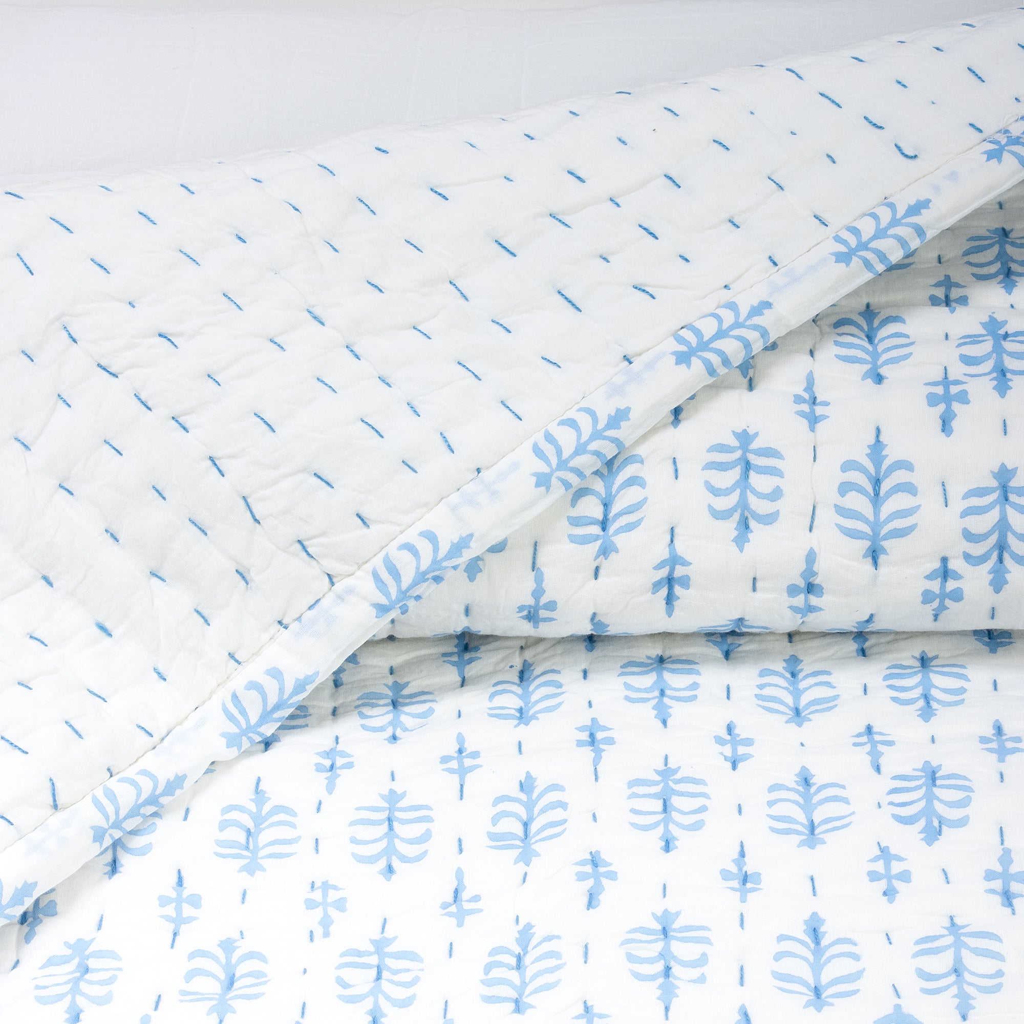 Teal Blue Buti Hand Stitched Block Printed Indian Cotton Kantha Quilts