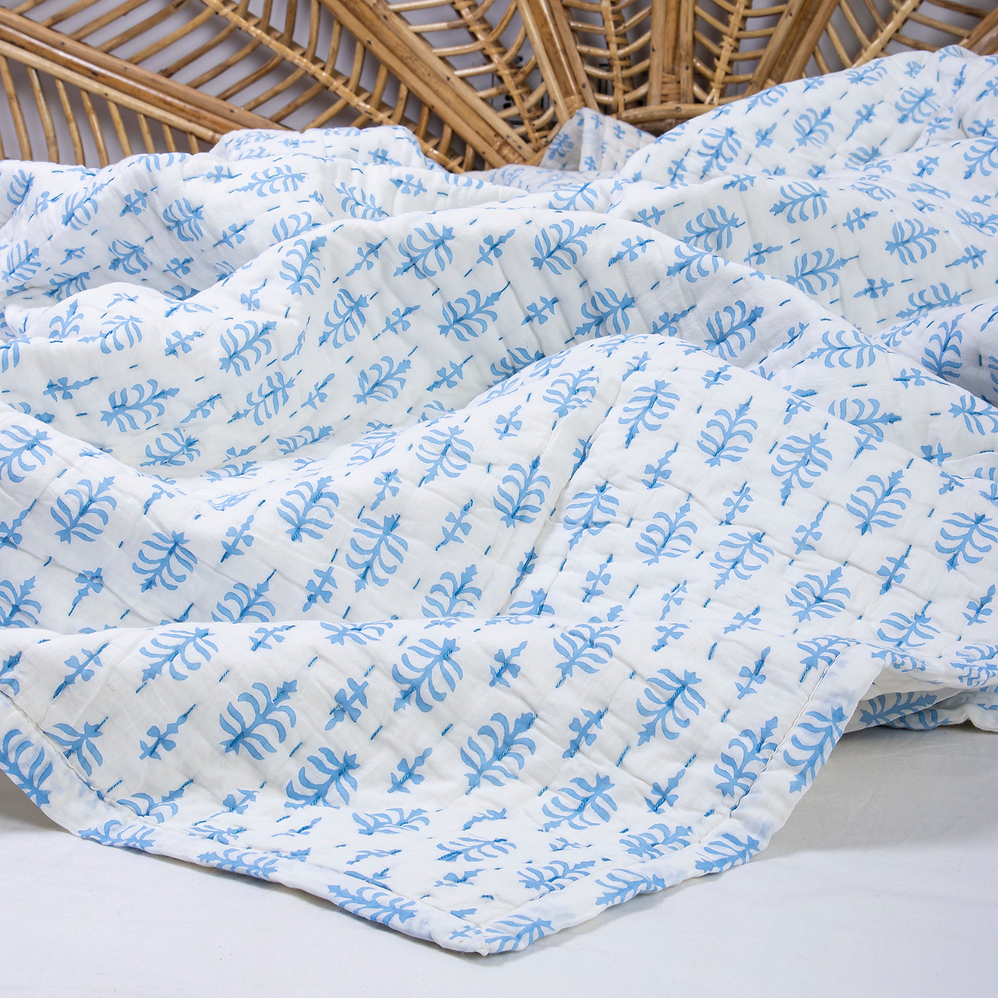 Sky Blue Floral Printed Soft Quilt Blanket