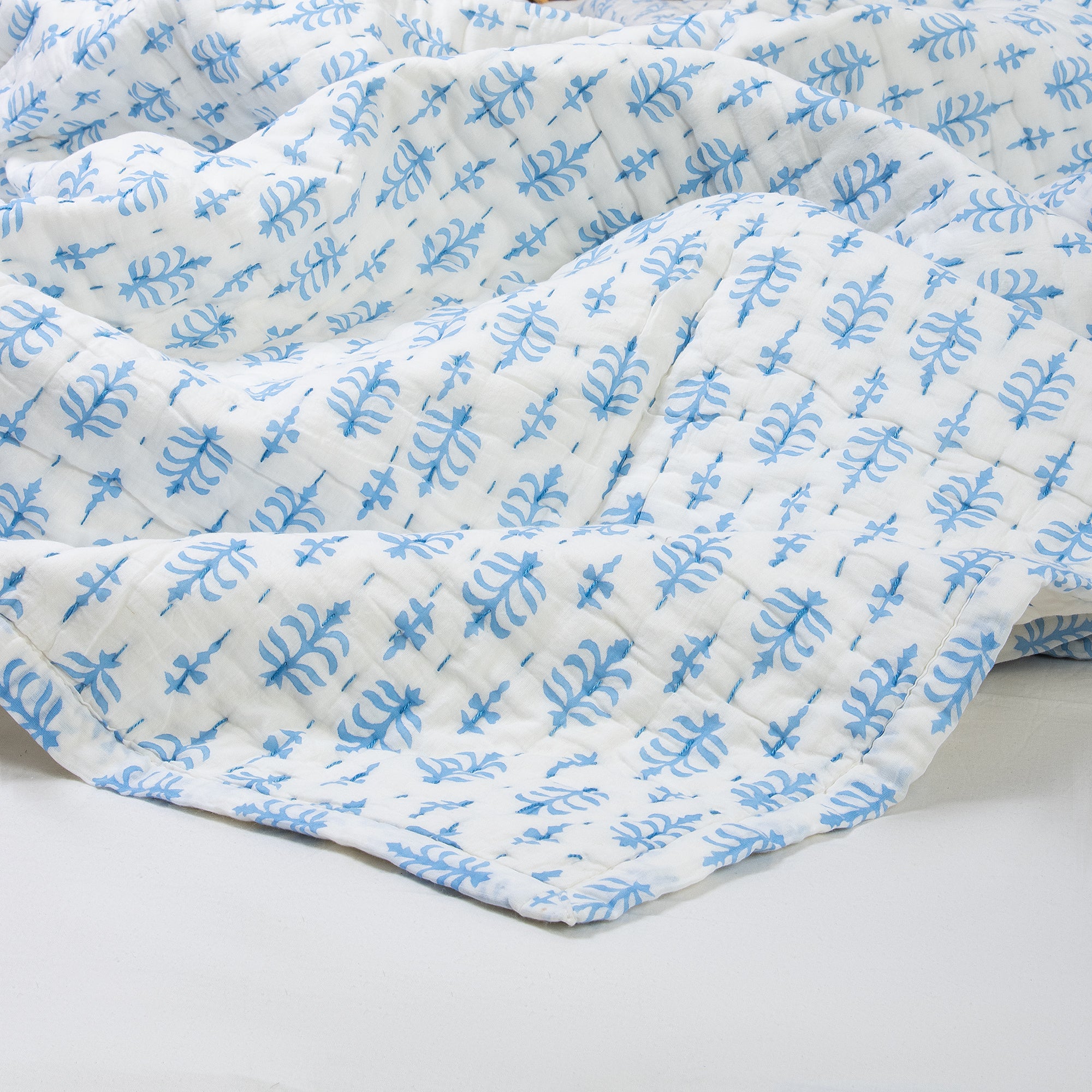 Teal Blue Buti Hand Stitched Block Printed Indian Cotton Kantha Quilts