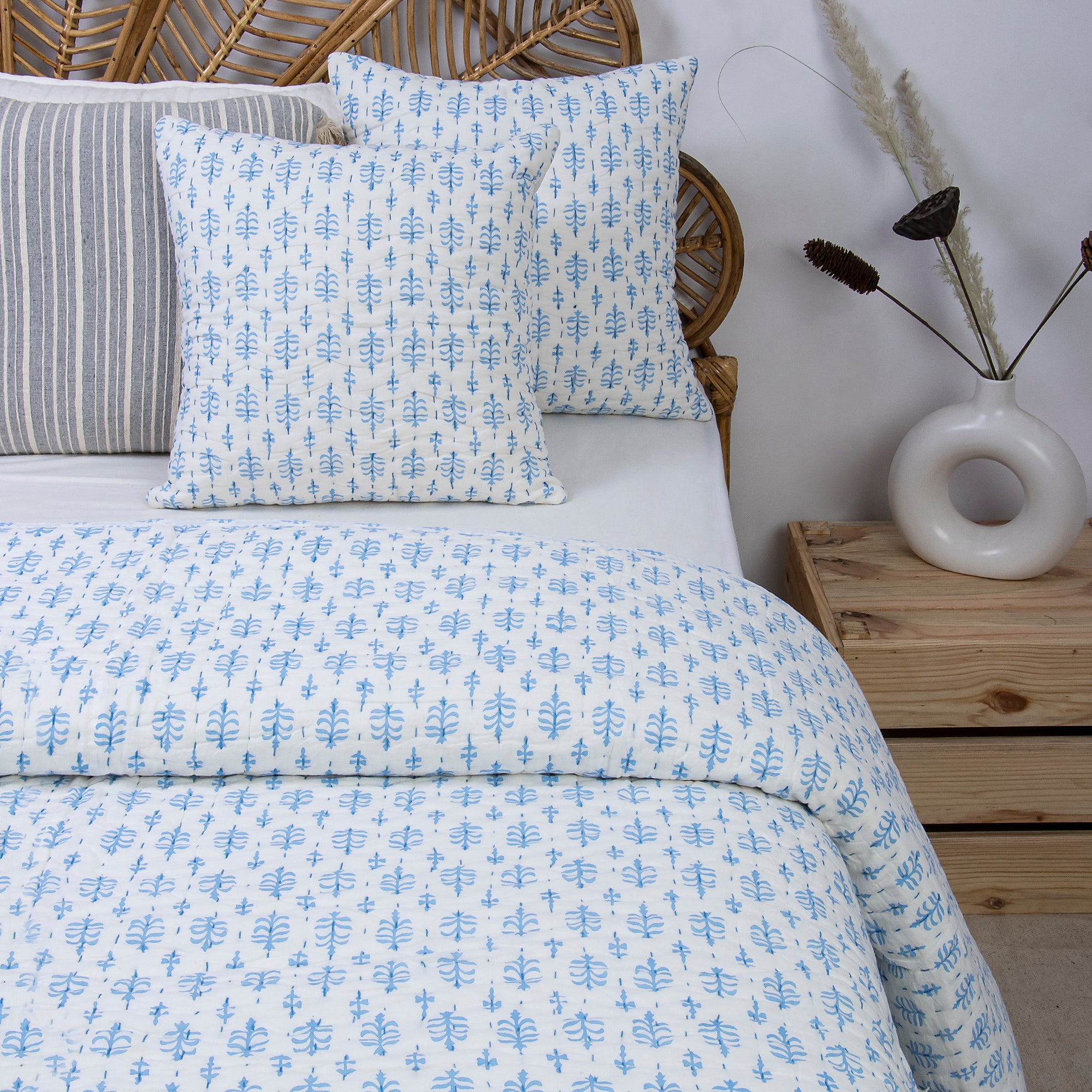 Sky Blue Floral Printed Soft Quilt Blanket