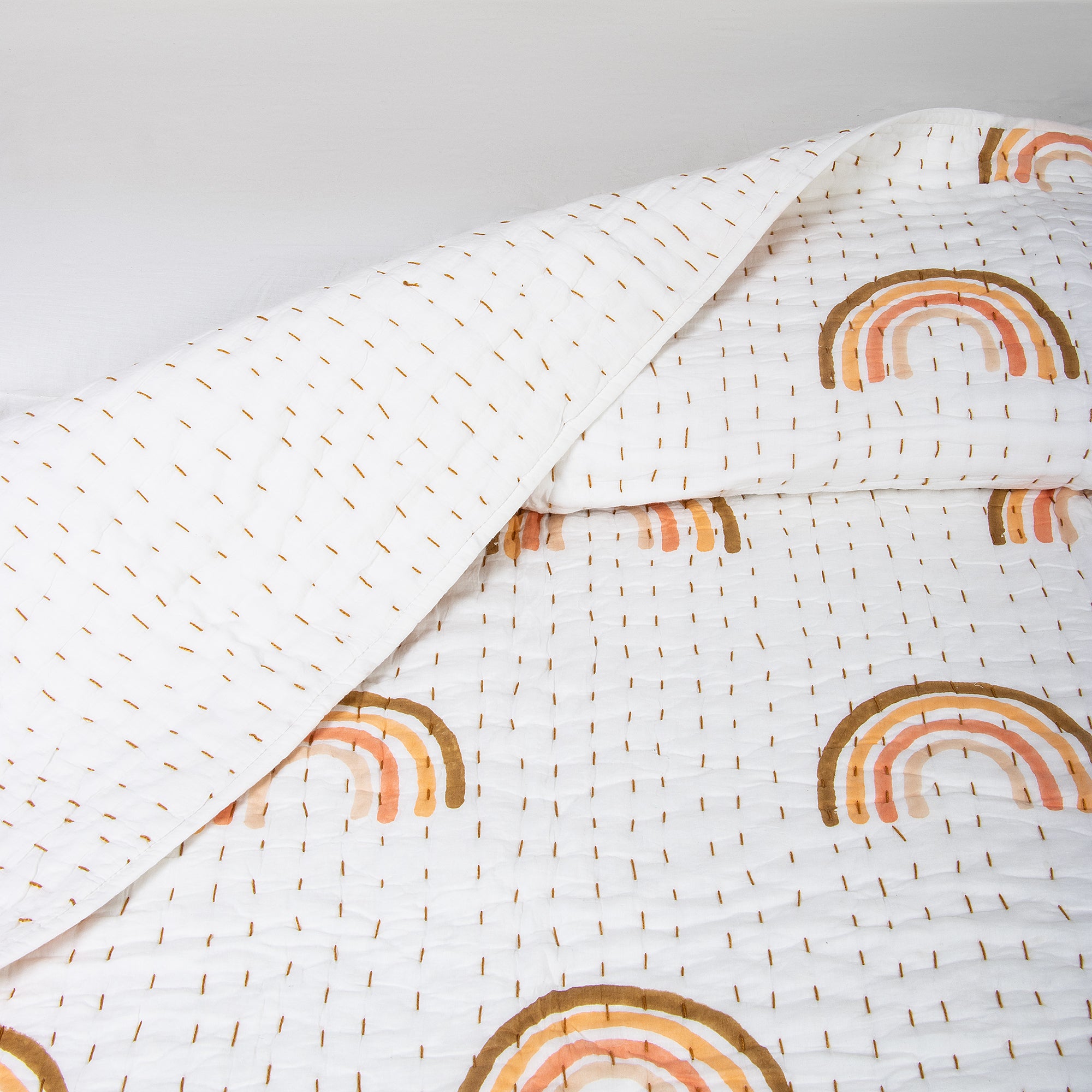 Indian Rainbow Hand Block Printed Cotton Kantha Quilt