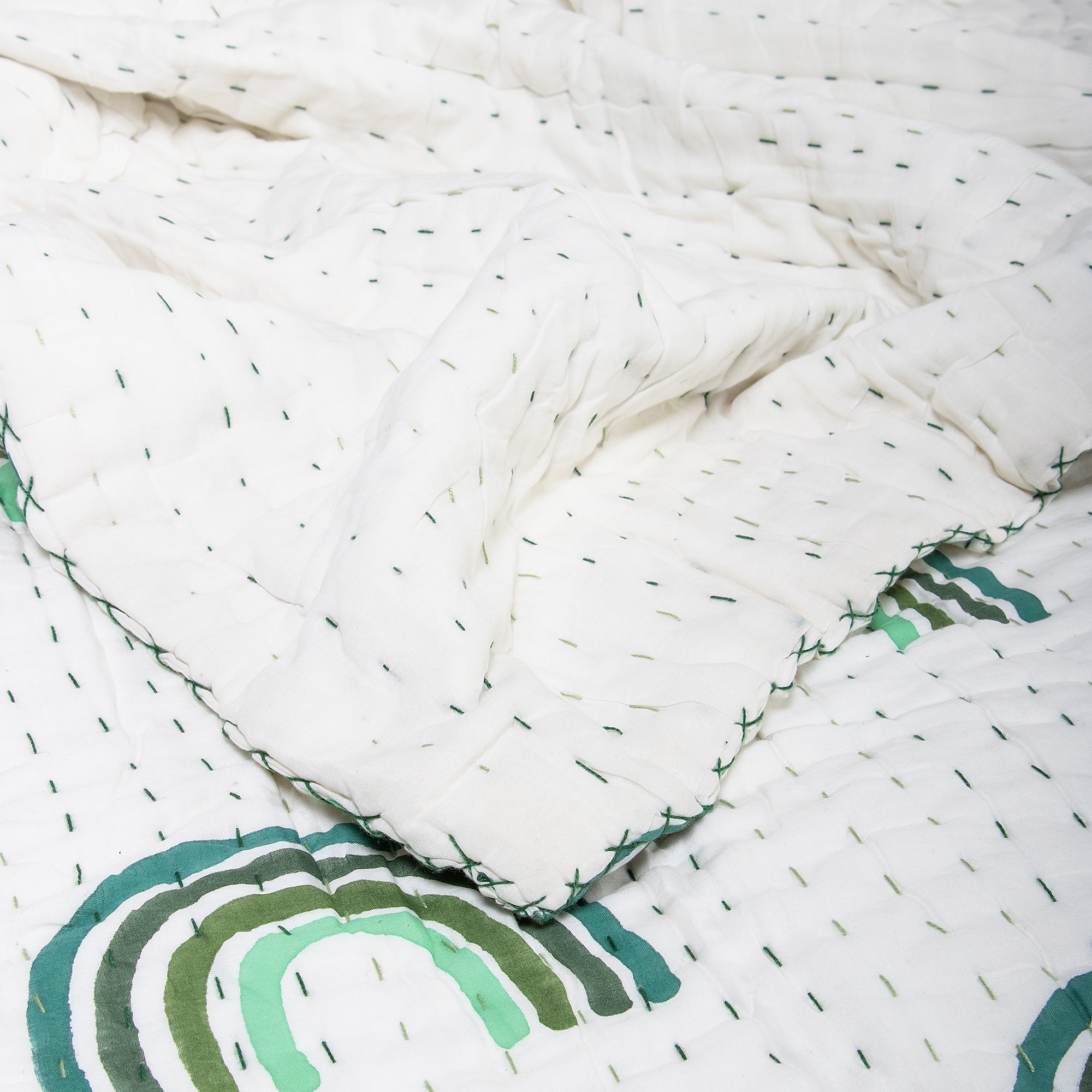 Green Rainbow Hand Block Print Cotton Kantha Quilt Blanket