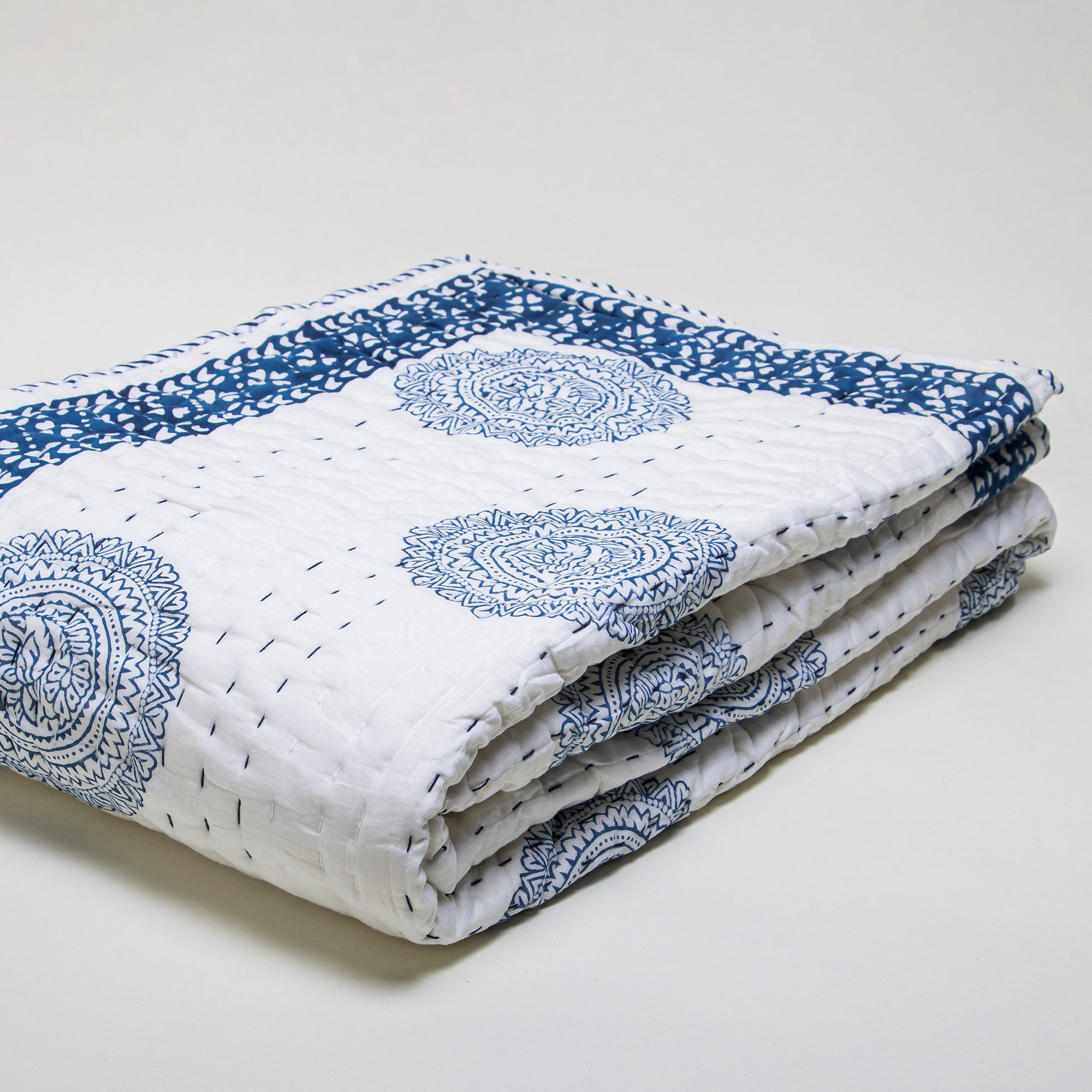 Blue Rangoli Hand Block Print Cotton Kantha Quilt Blanket