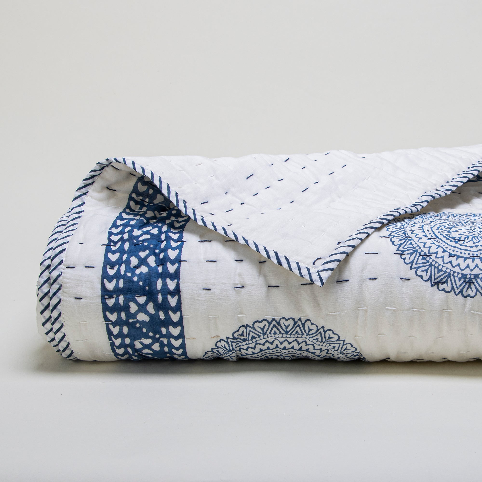 Blue Rangoli Hand Block Print Cotton Kantha Quilt Blanket