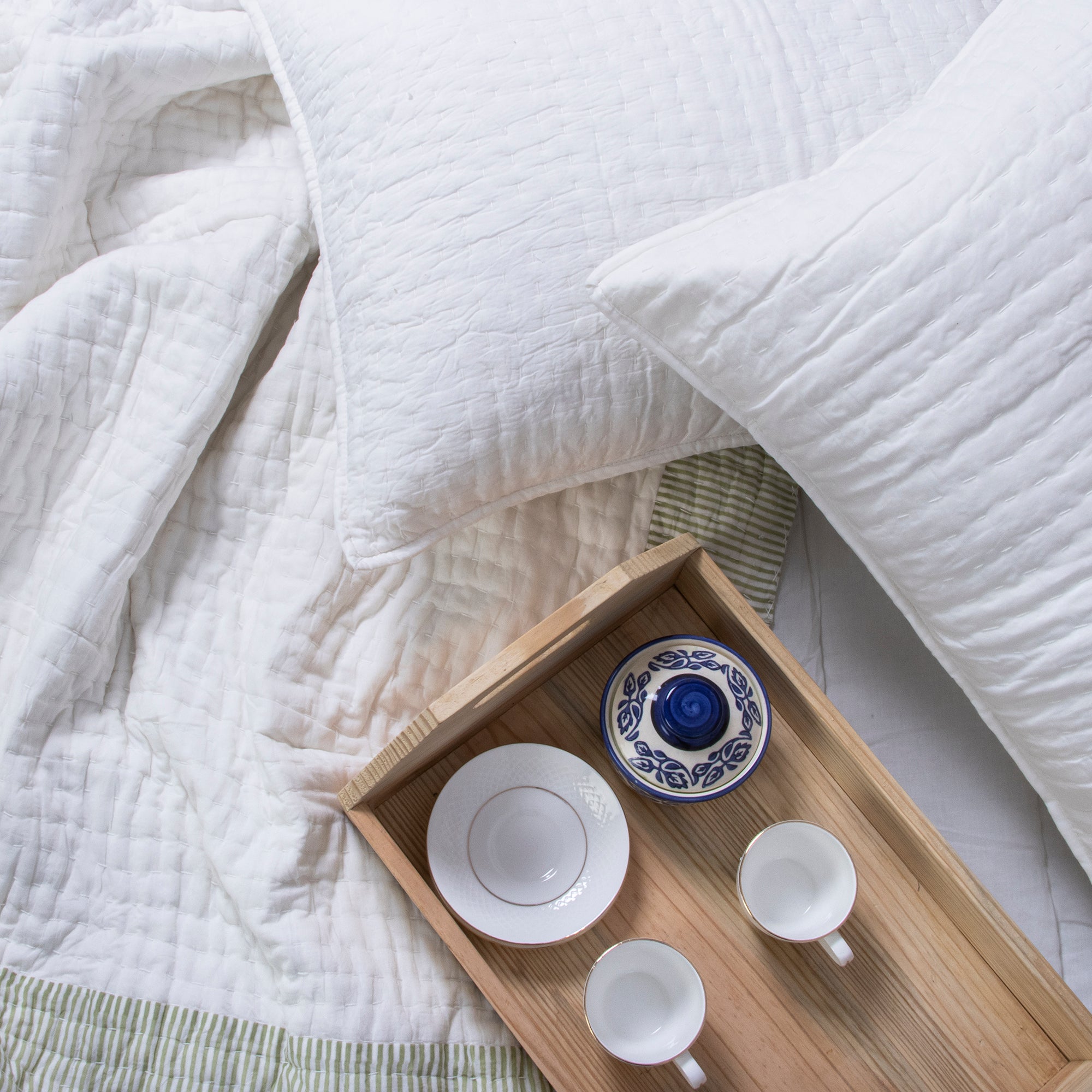 Luxurious White Hand Block Print Cotton Kantha Quilt Blanket
