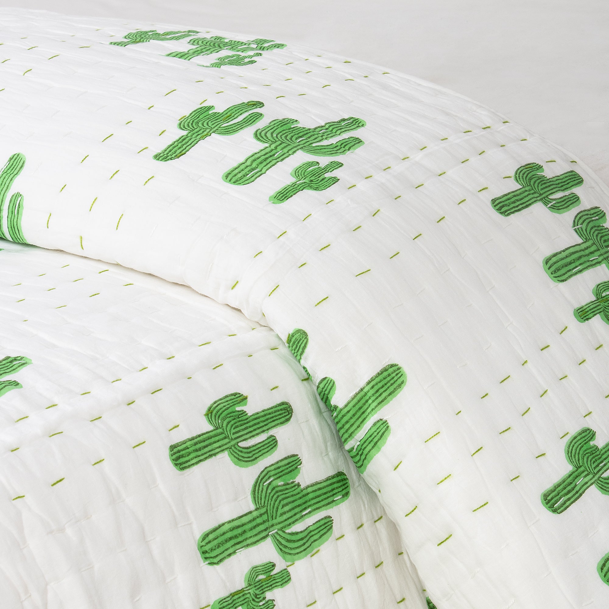 Green Cactus Block Printed Cotton Kantha Quilt Blanket