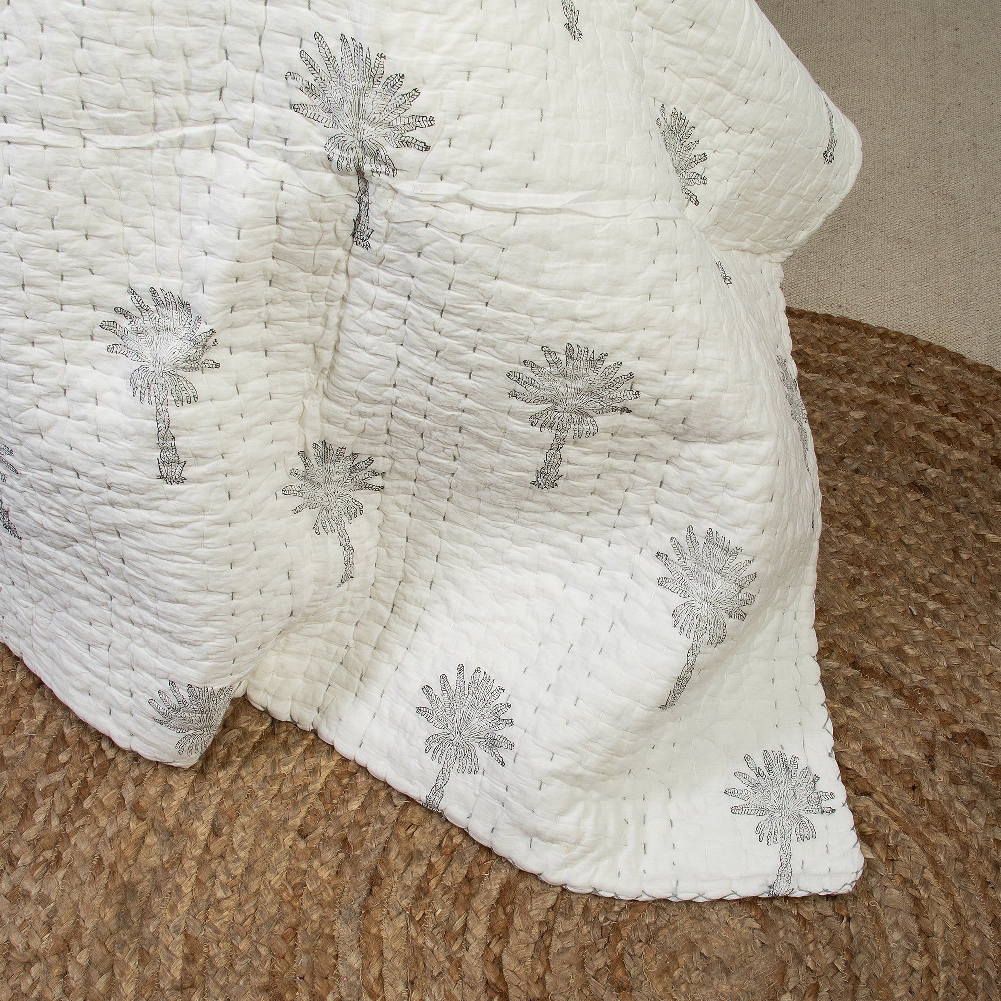 Kantha Hand Block Printed Cotton Quilt Blanket