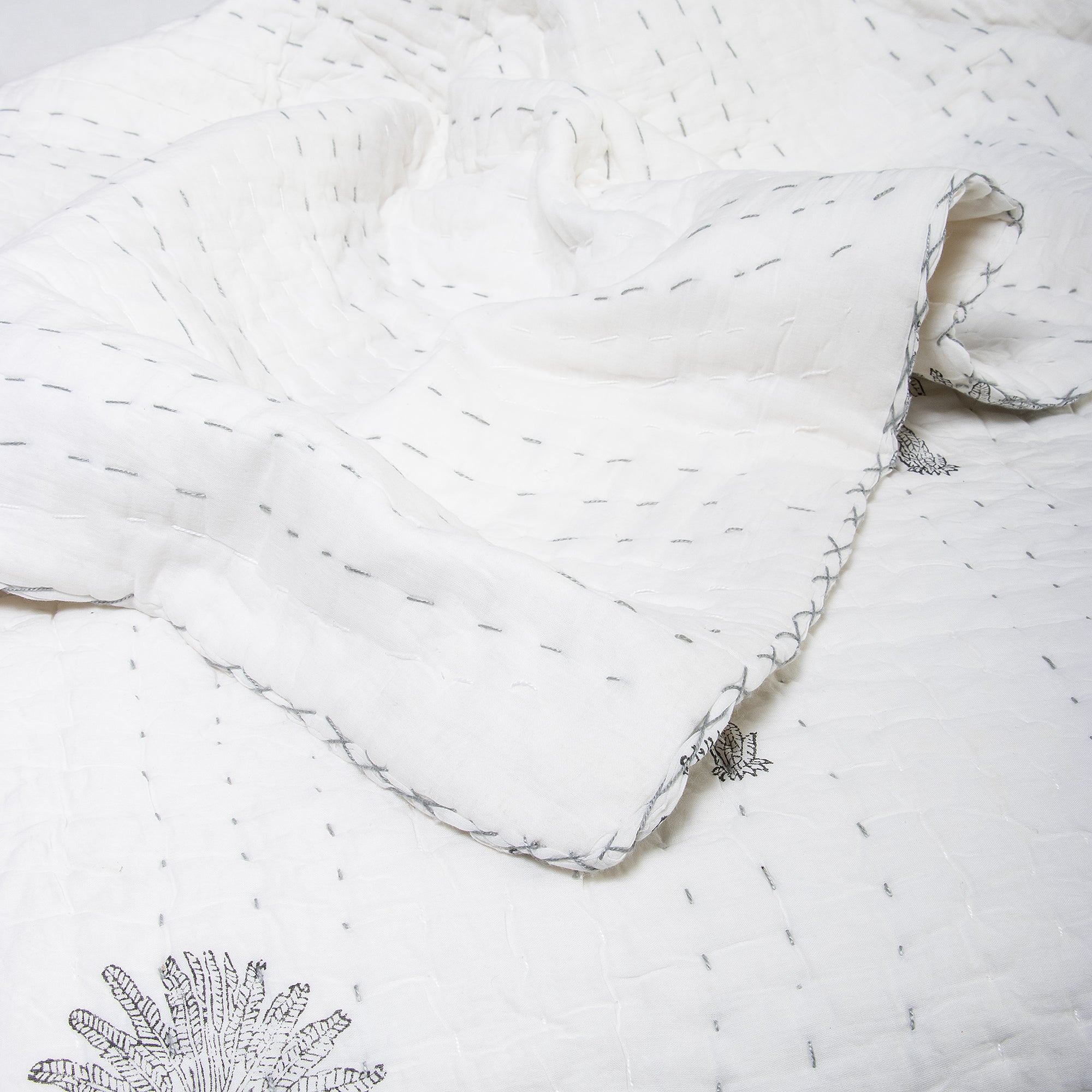 Kantha Hand Block Printed Cotton Quilt Blanket