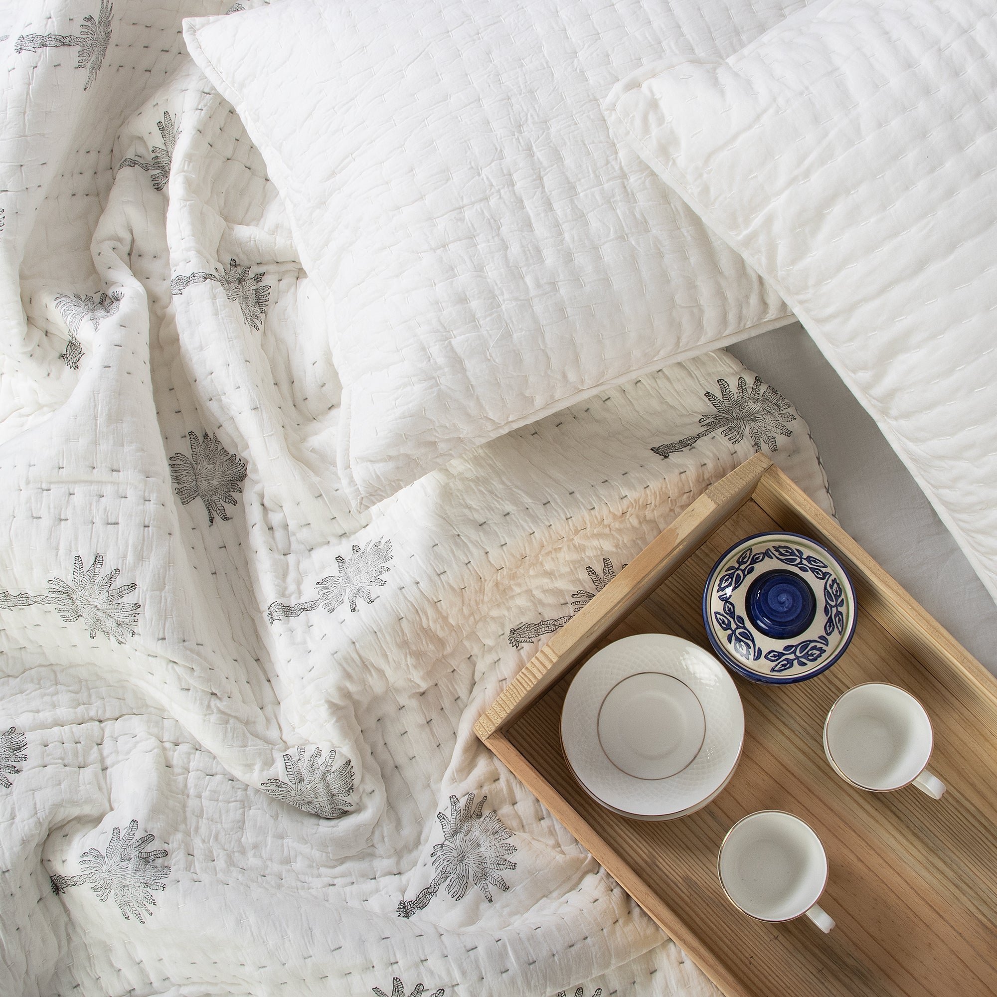Kantha Hand Block Printed Cotton Quilt Blanket