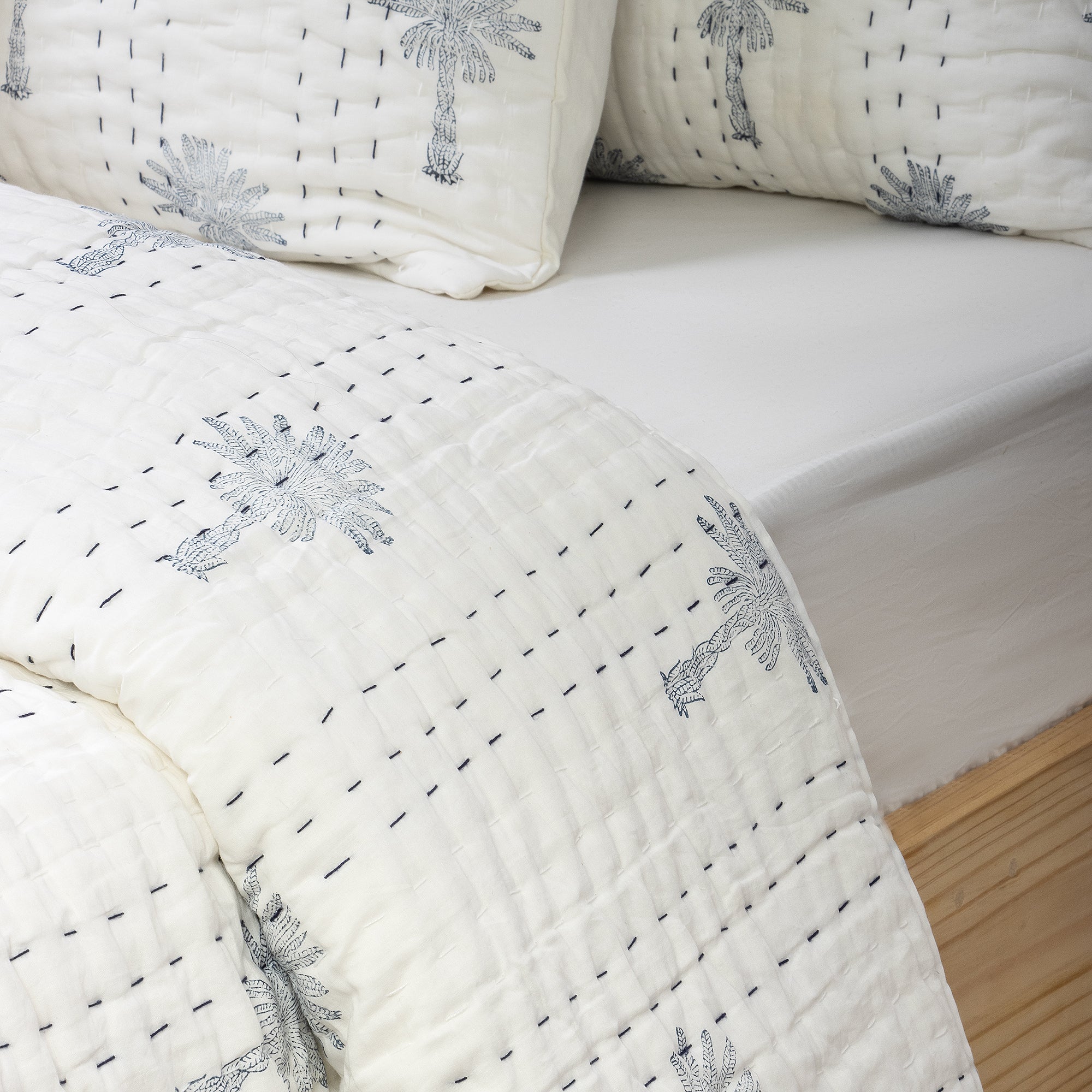 Palm Tree Hand Block Print Kanth Quilt Blanket