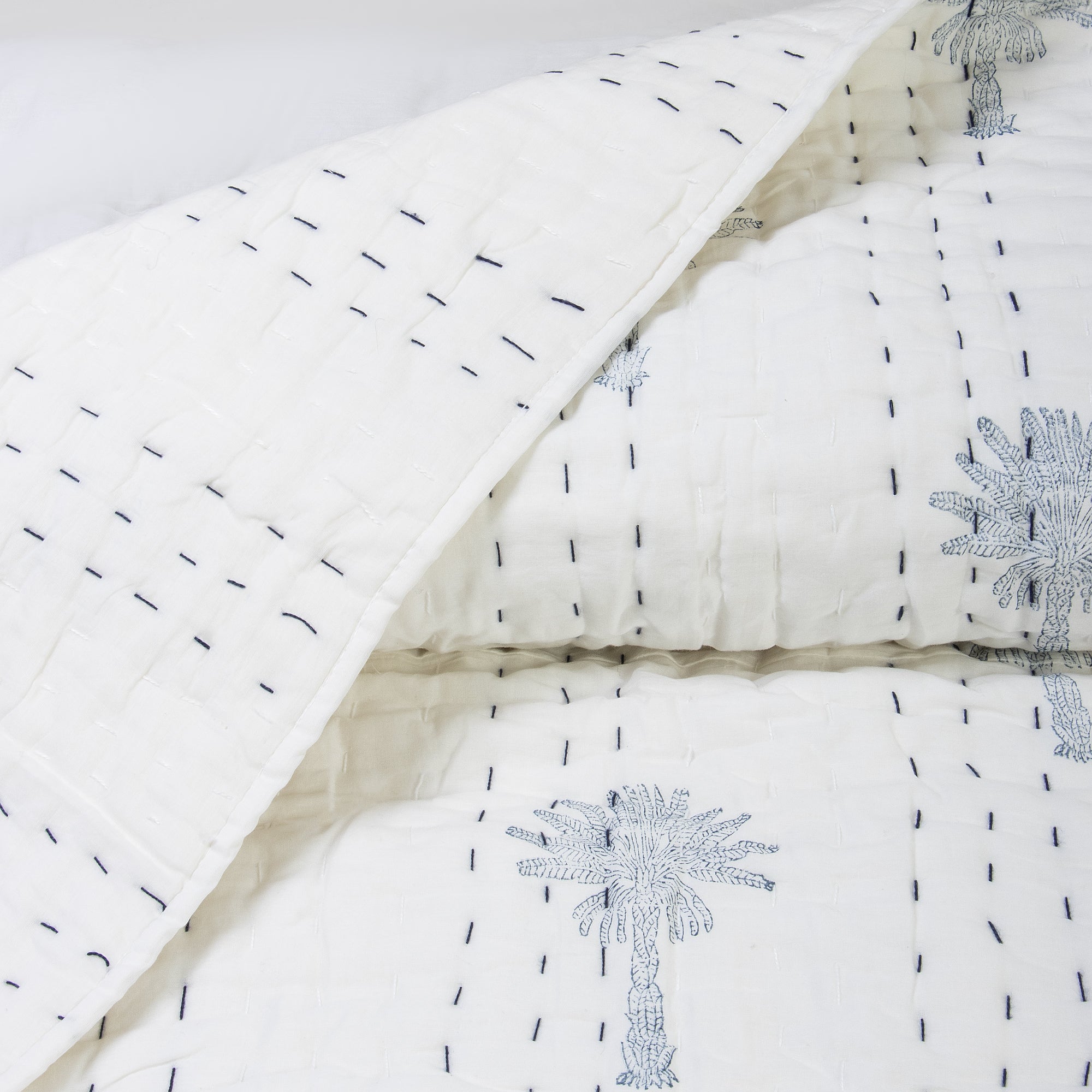 Palm Tree Hand Block Print Kanth Quilt Blanket