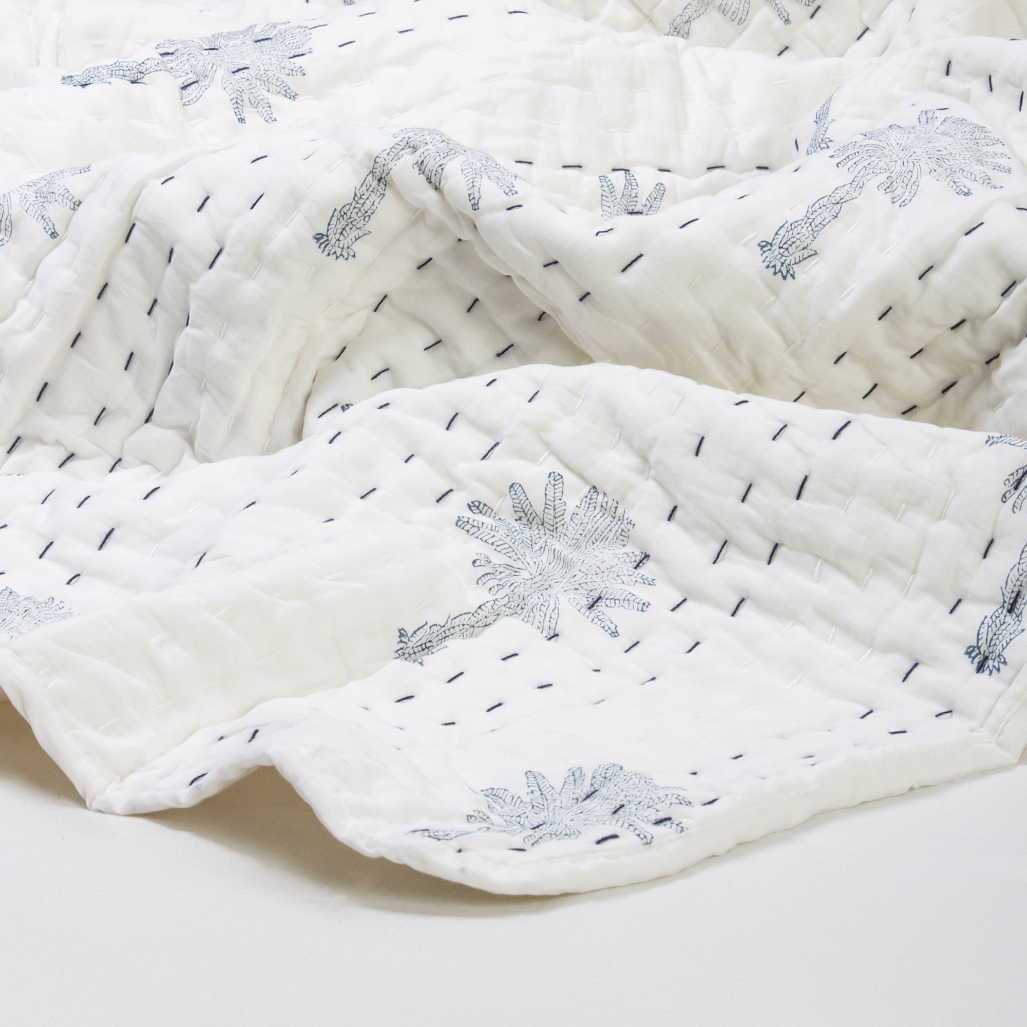 Palm Tree Hand Block Print Kanth Quilt Blanket