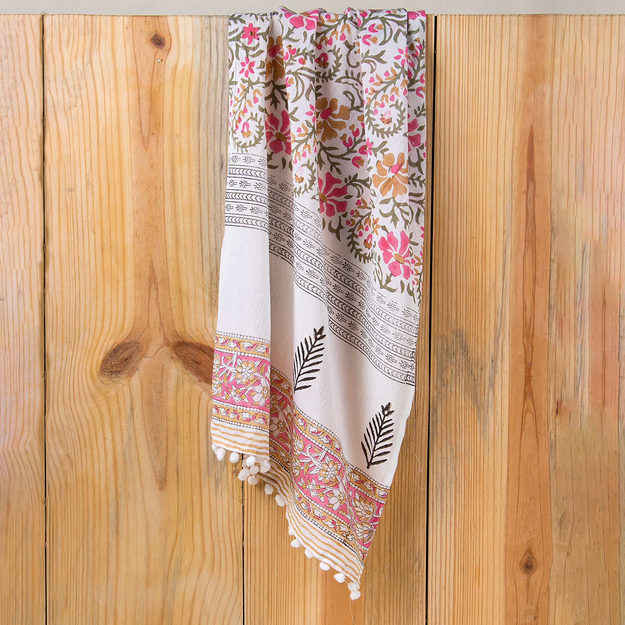 Pink Hand Block Floral Print Cotton Stoles