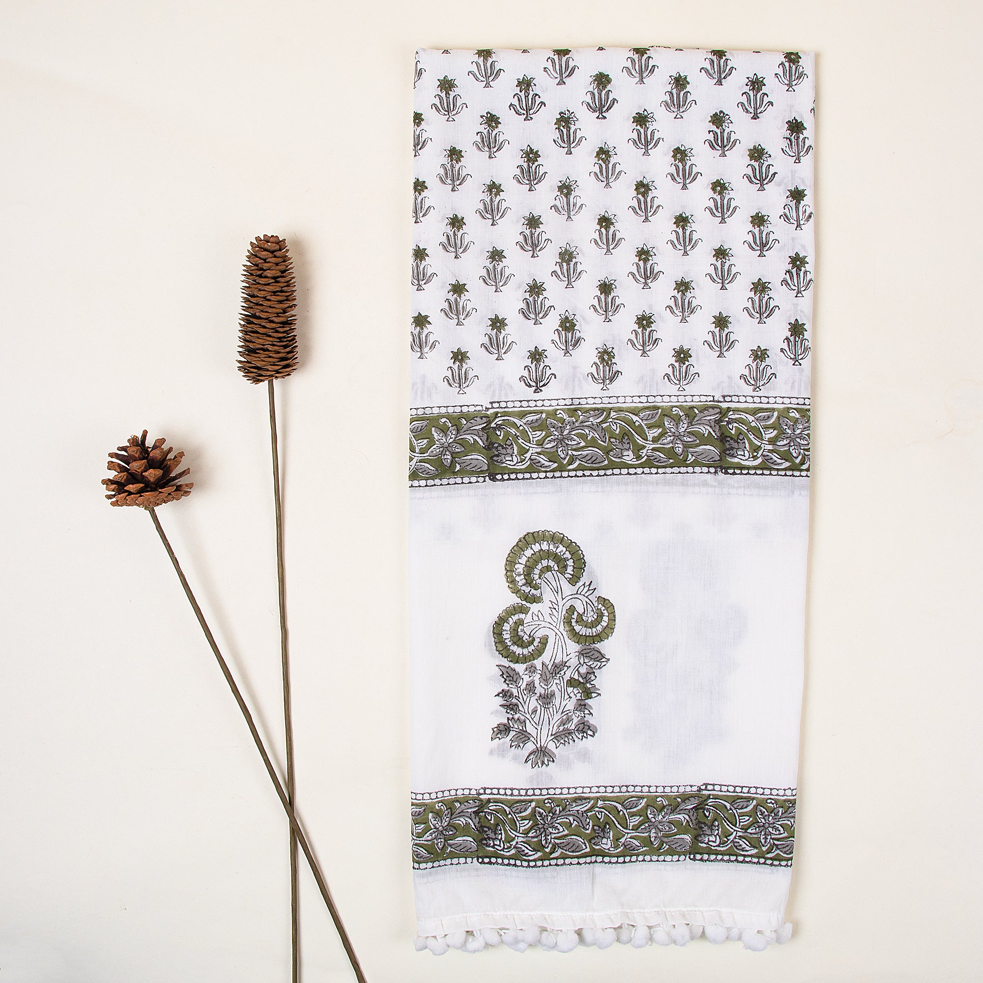 Premium Stylish Green Floral Block Print Cotton Stoles