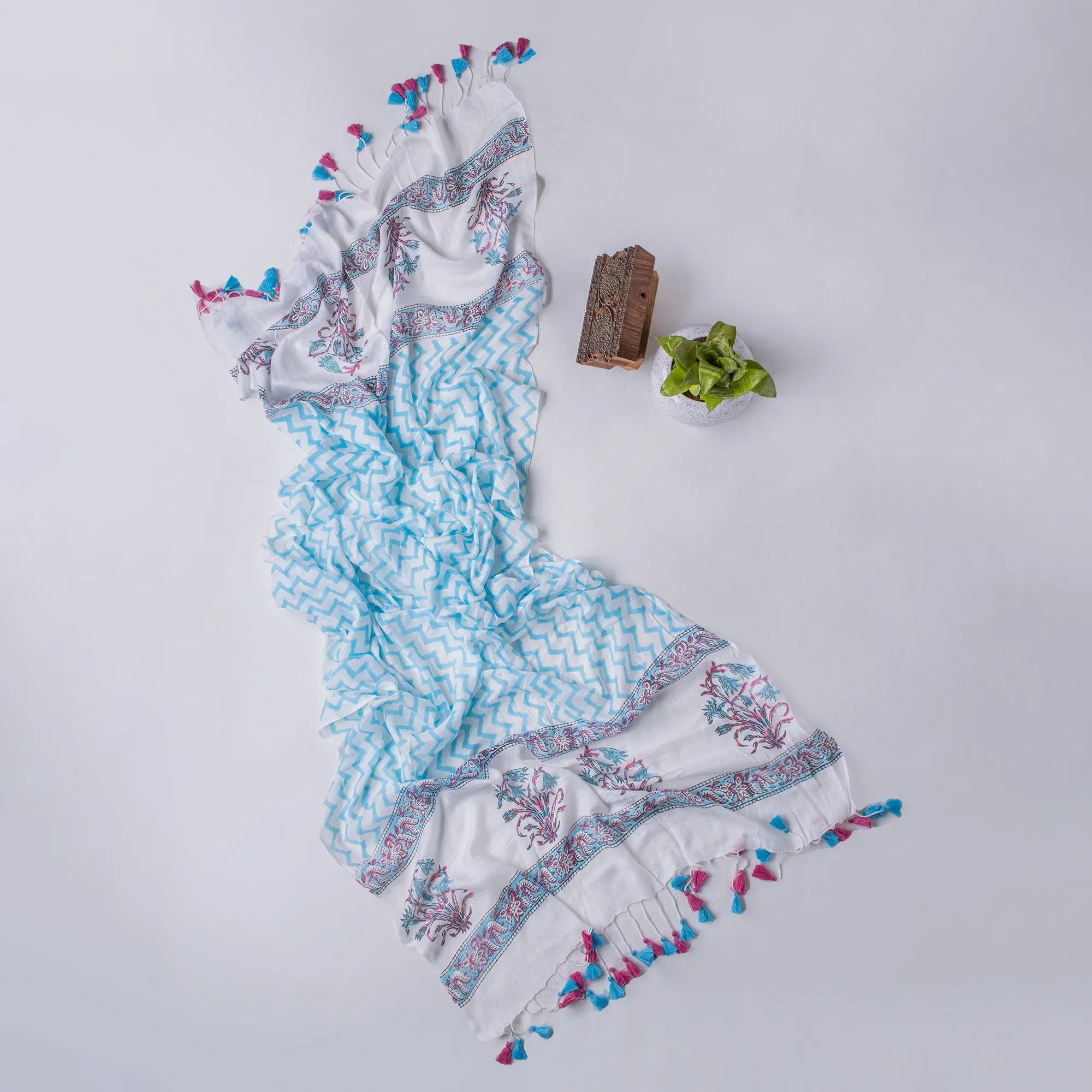 Blush Blue Block Printed Cotton Stole for Women