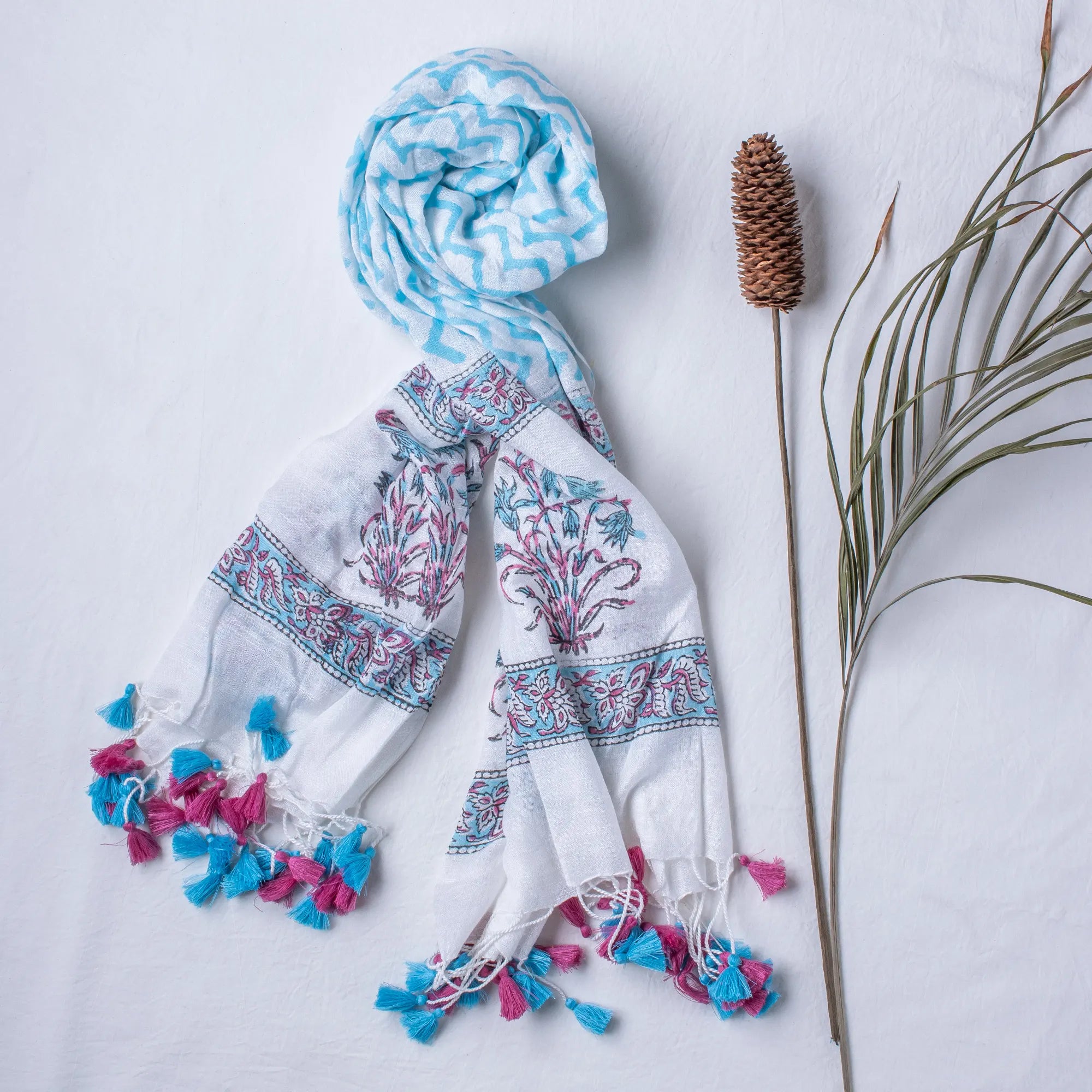 Blush Blue Block Printed Cotton Stole for Women