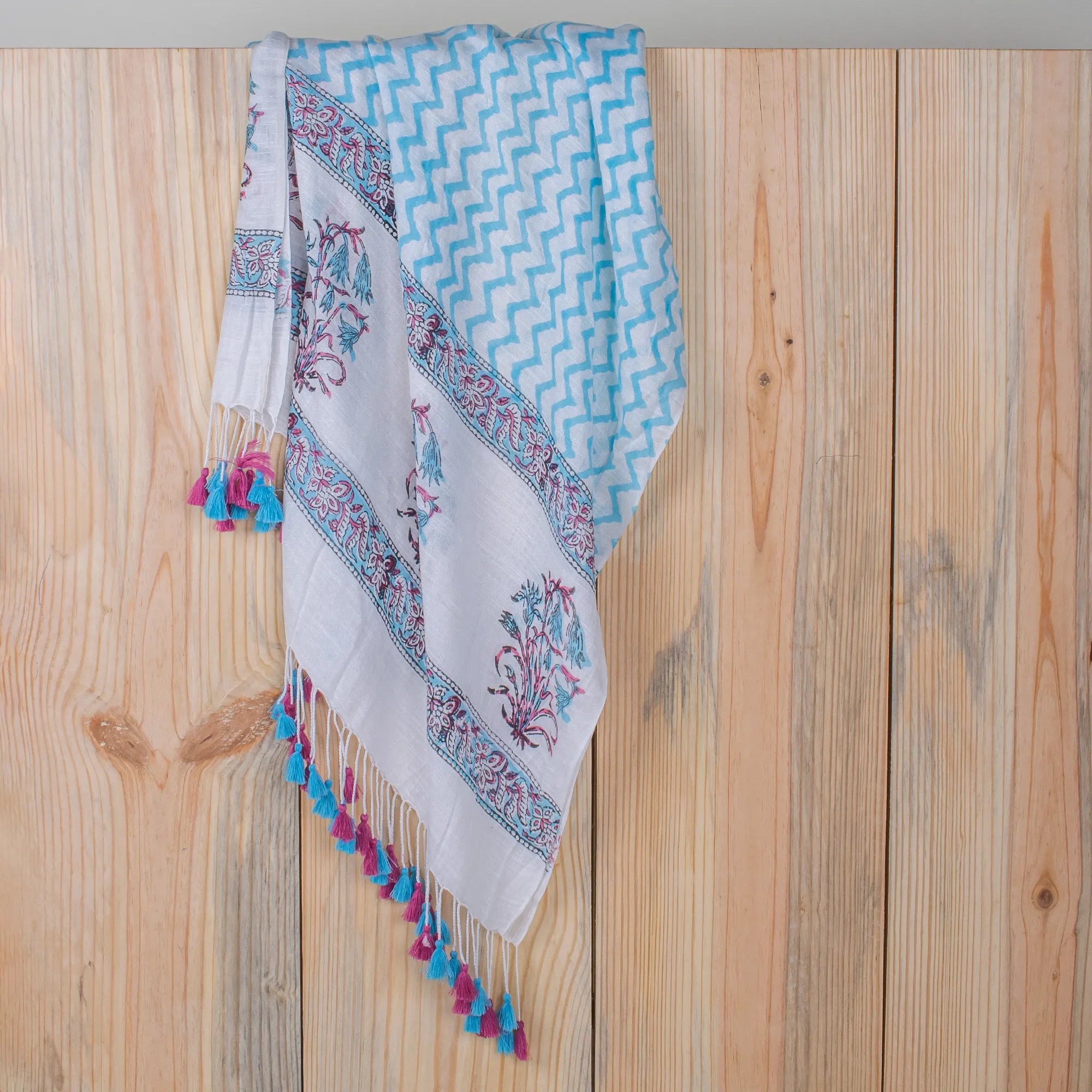 Blush Blue Block Printed Cotton Stole for Women