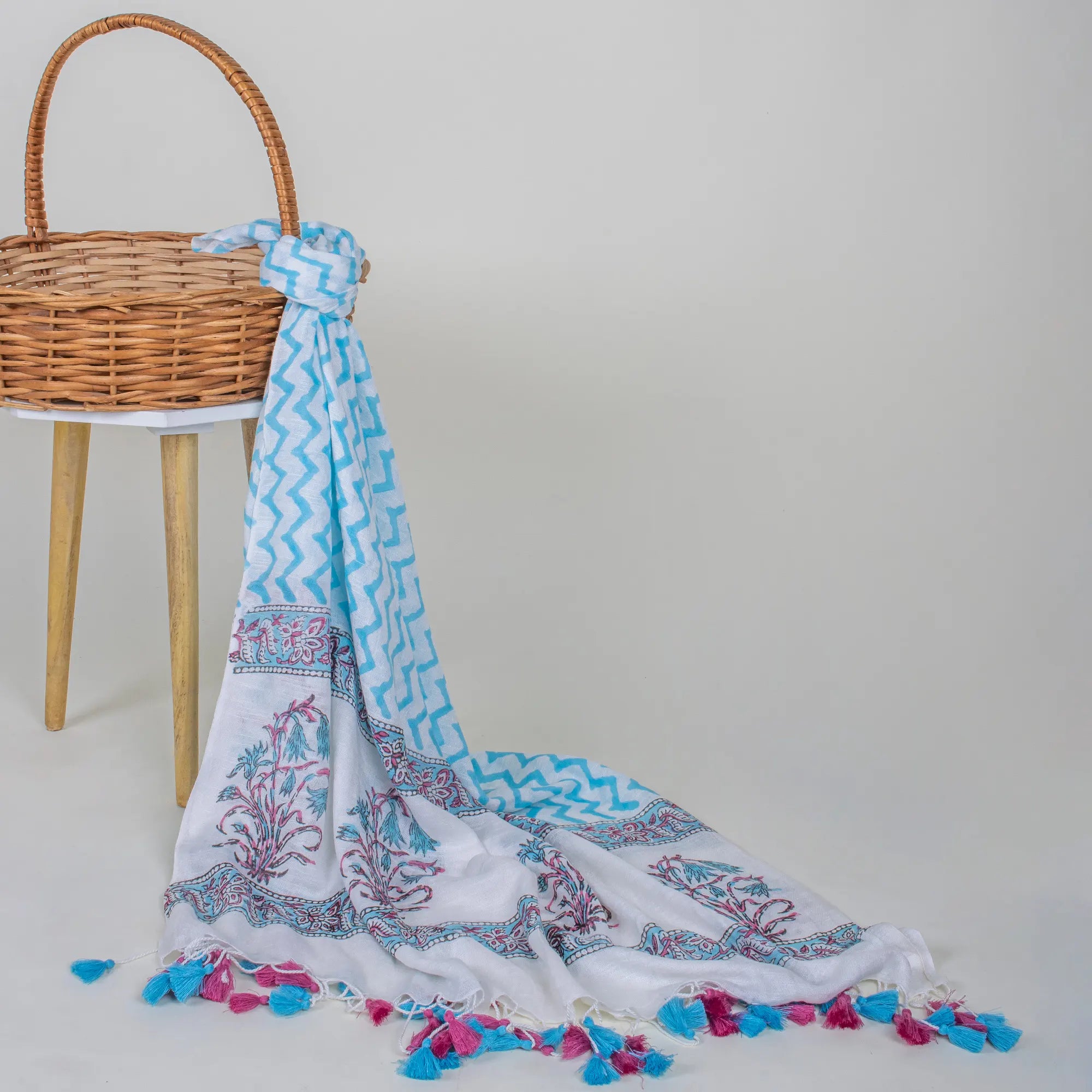 Blush Blue Block Printed Cotton Stole for Women