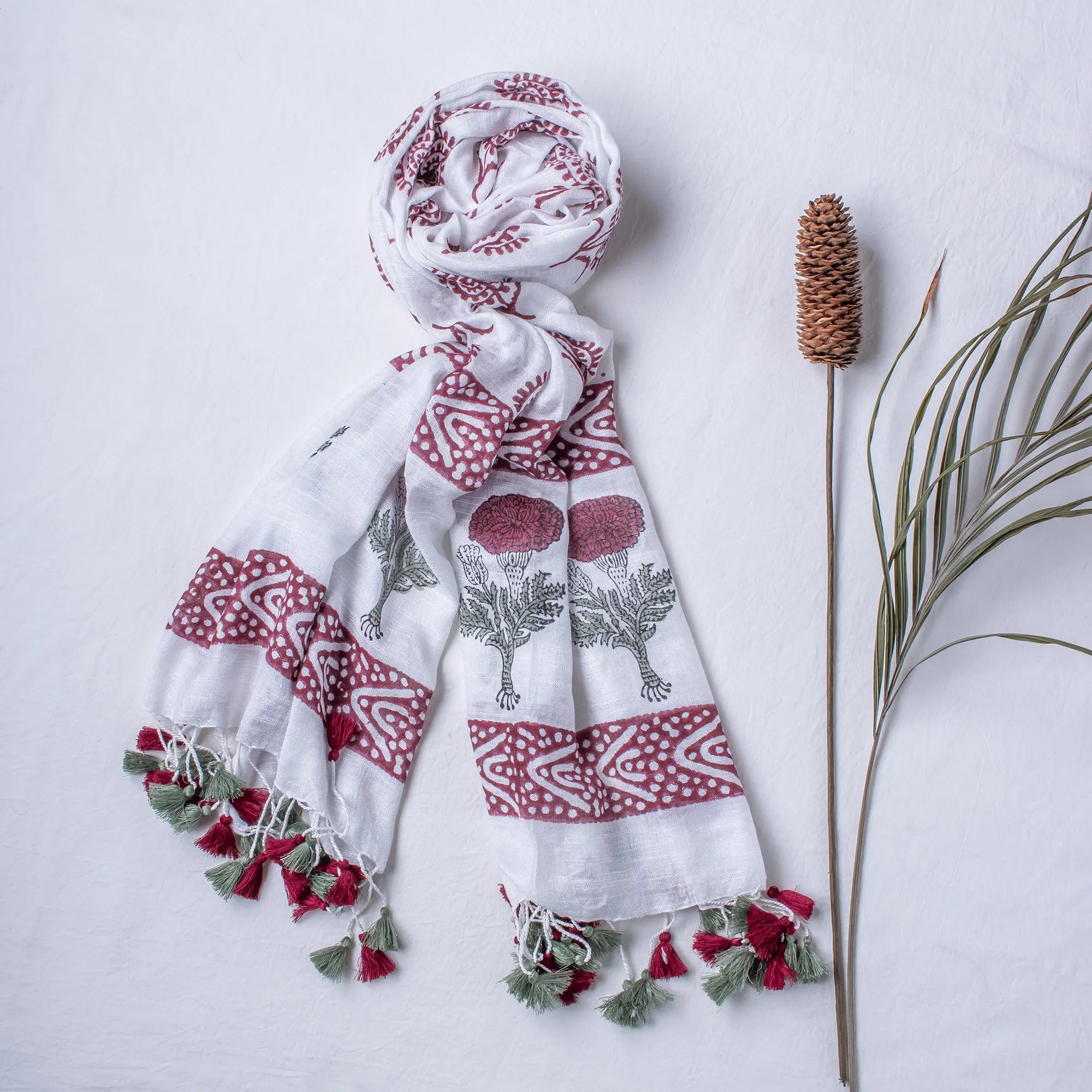 Red Flower Block Printed Stole Design Scarf