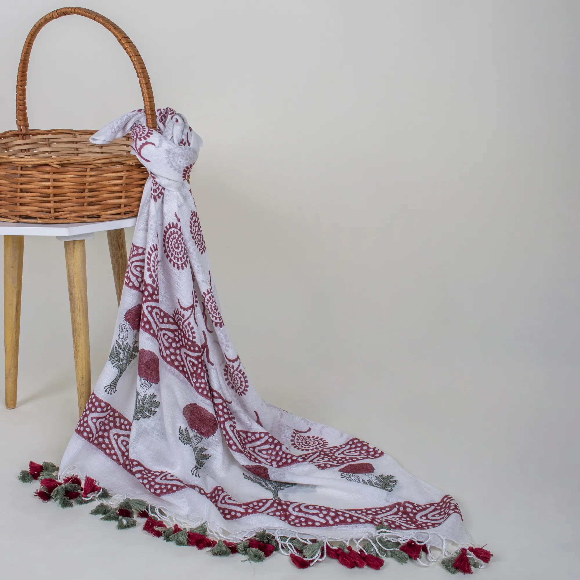 Red Flower Block Printed Stole Design Scarf