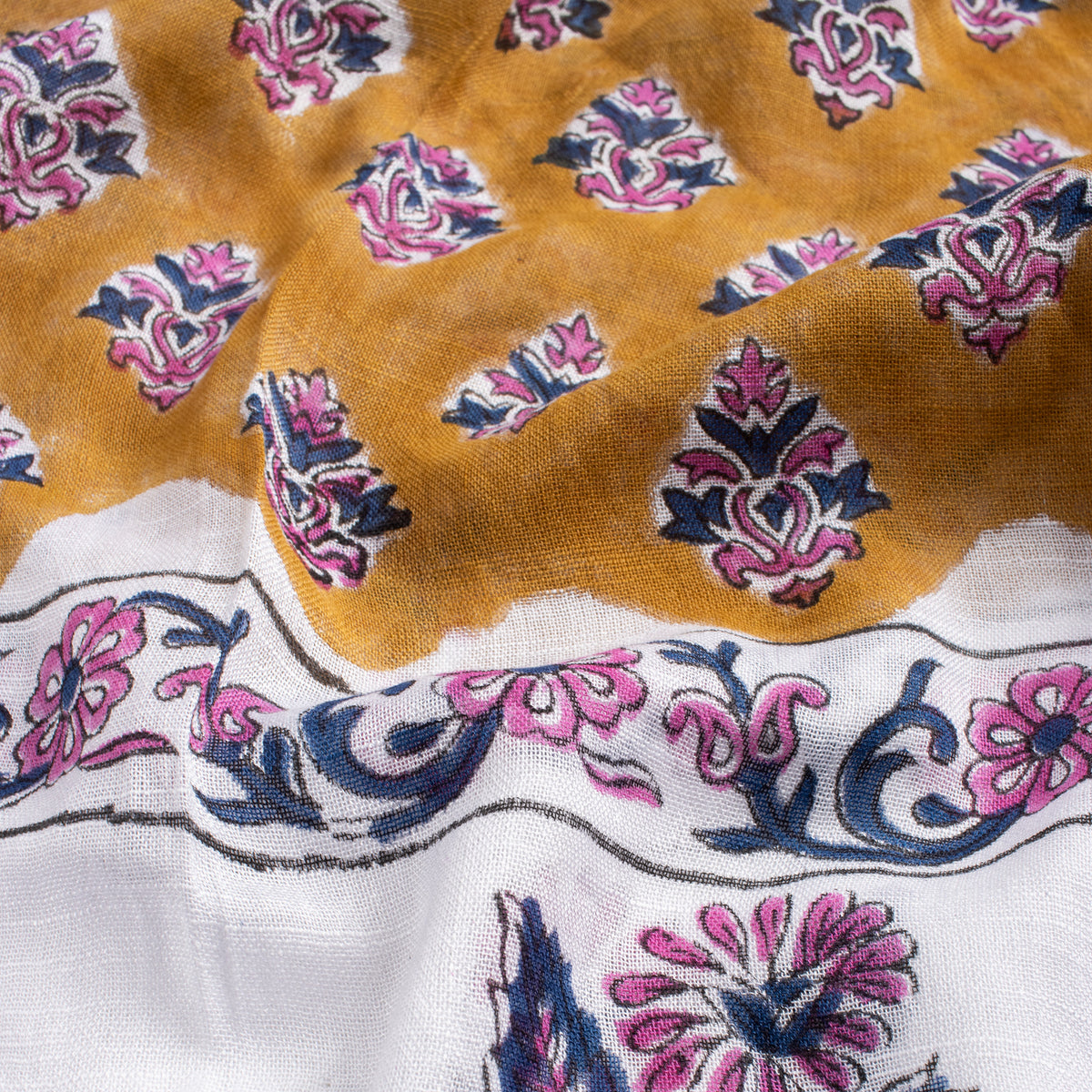 Indian Floral Brown Hand Block Print Linen Stole