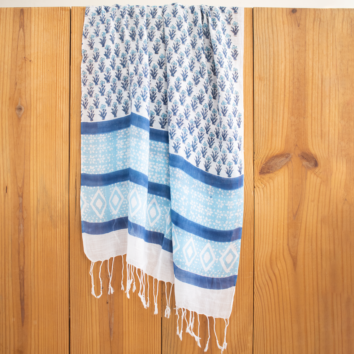Sky Blue Hand Block Floral Printed Linen Stole For Women