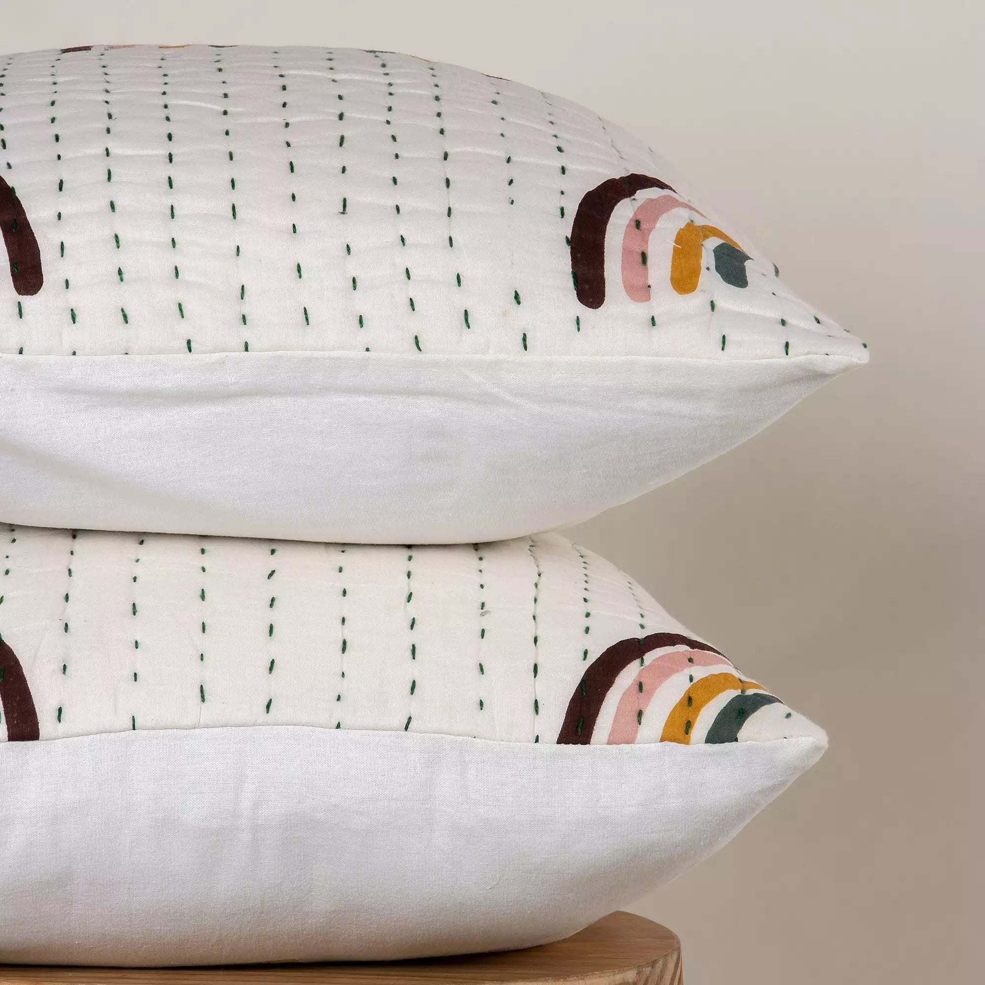 Rainbow Hand Block Kantha Cotton Cushion Cover