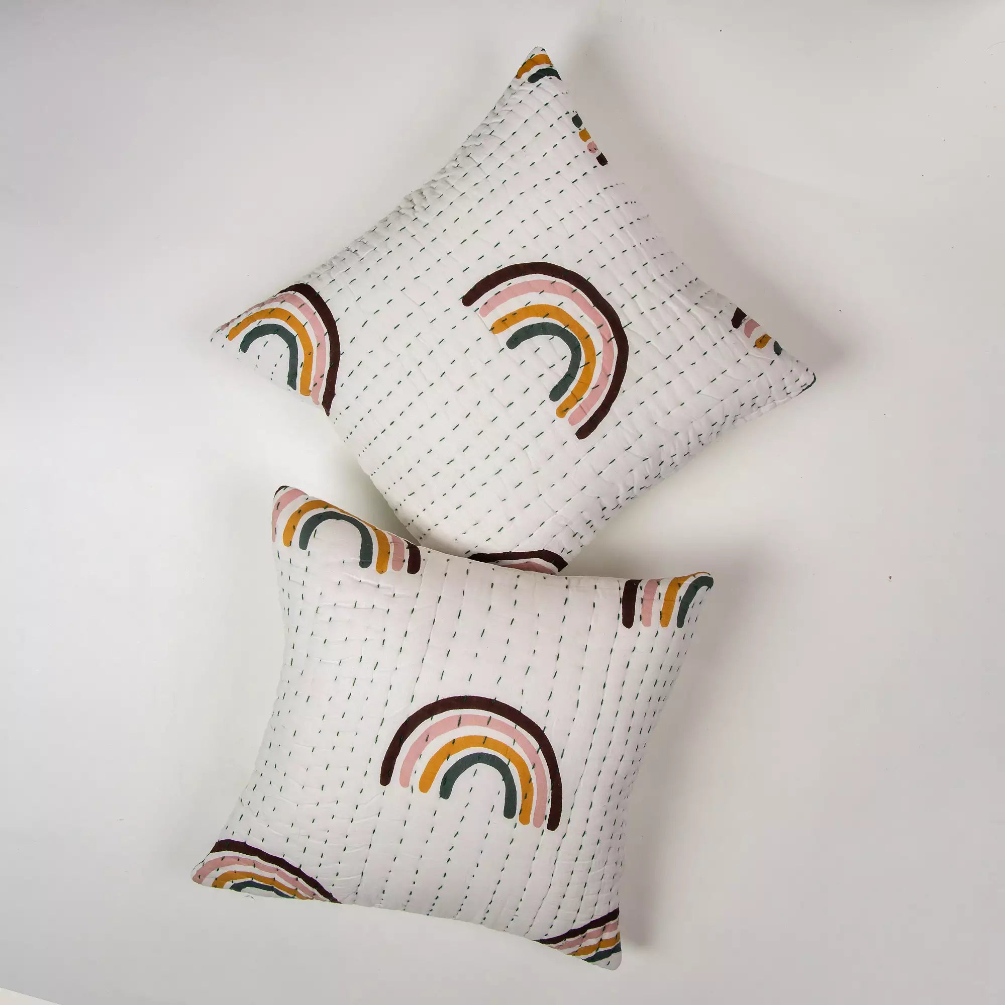Rainbow Hand Block Kantha Cotton Cushion Cover