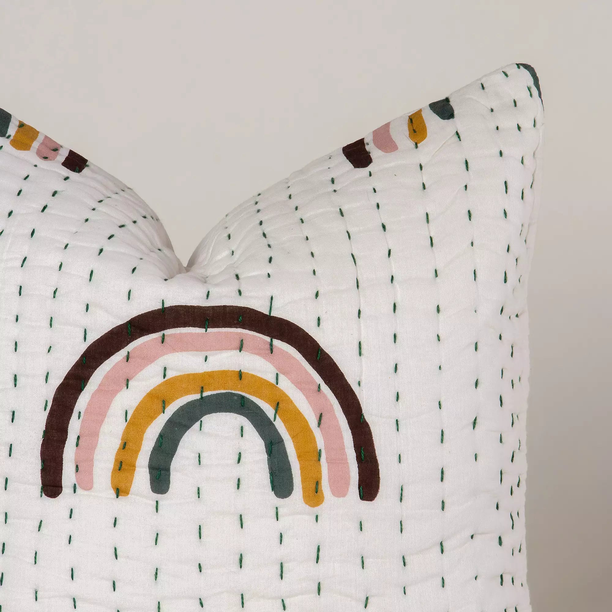 Rainbow Hand Block Kantha Cotton Cushion Cover