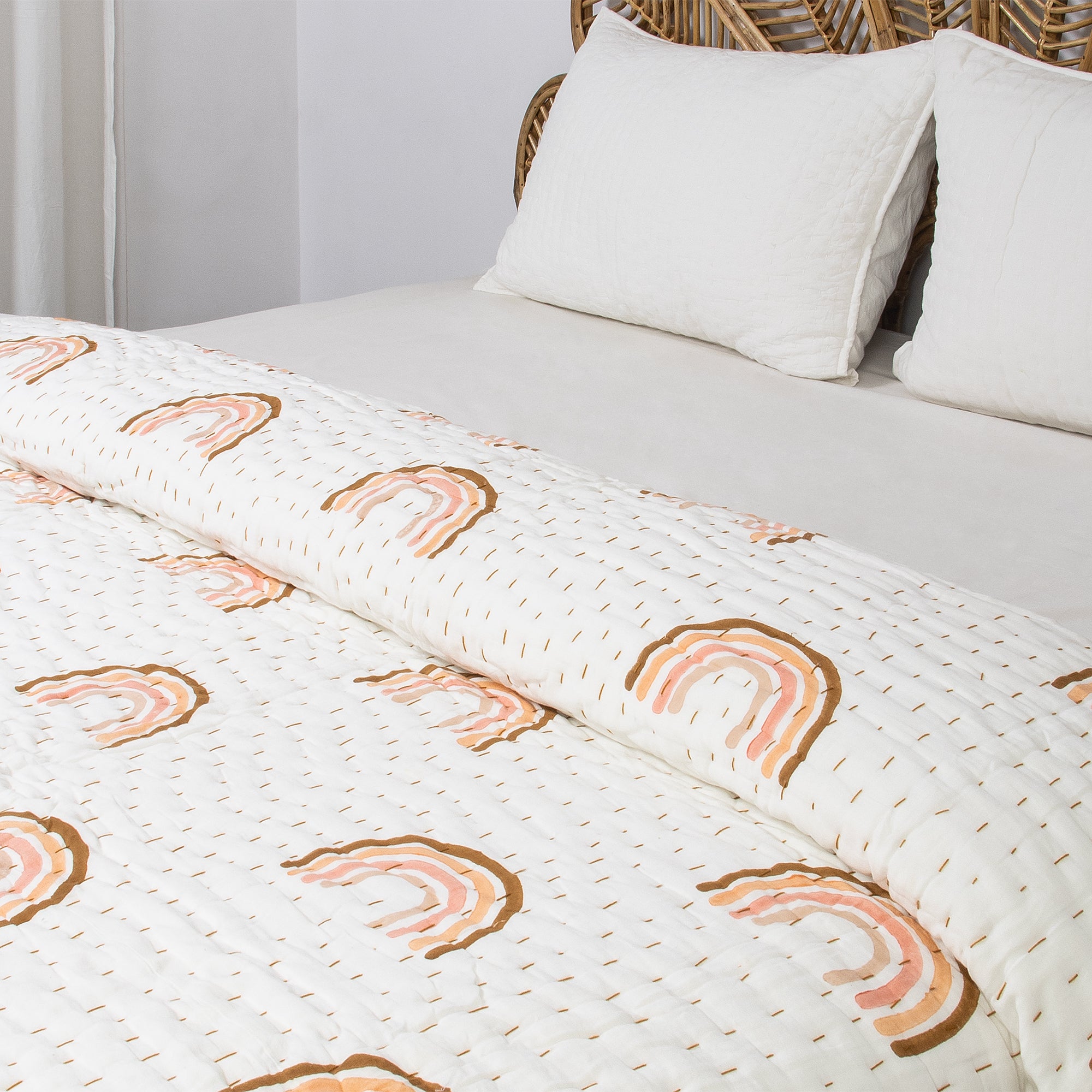 Rainbow Hand Block Printed Reversible Cotton Kantha Quilt