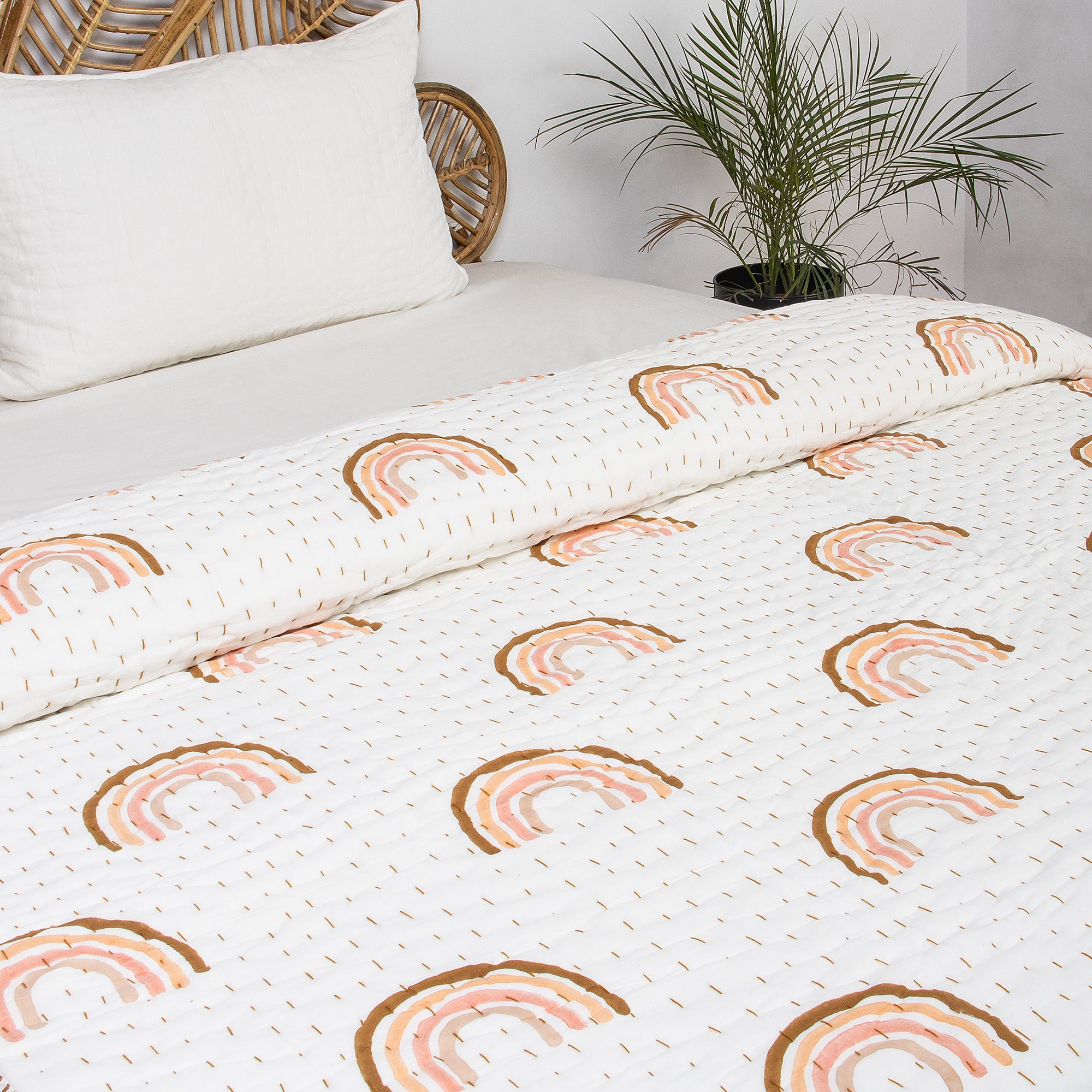 Rainbow Hand Block Printed Reversible Cotton Kantha Quilt